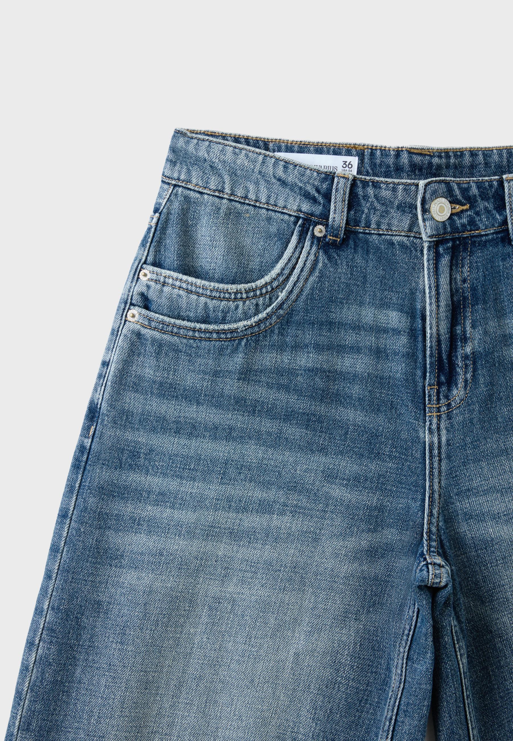 Wide-leg denim Bermuda shorts with maxi pockets — MEDIUM DENIM WASH