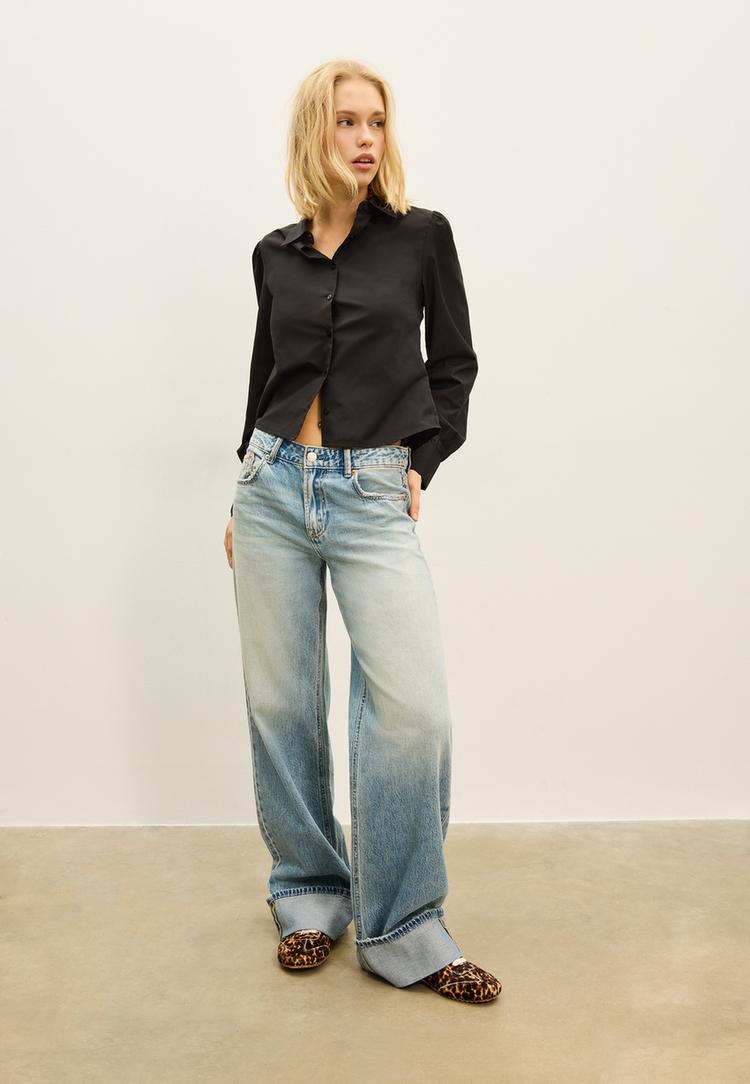 Stradivarius Basic poplin puff sleeve shirt Black XS (STRADIVARIUS) Stradivarius Basic poplin puff sleeve shirt Black XS (STRADIVARIUS)