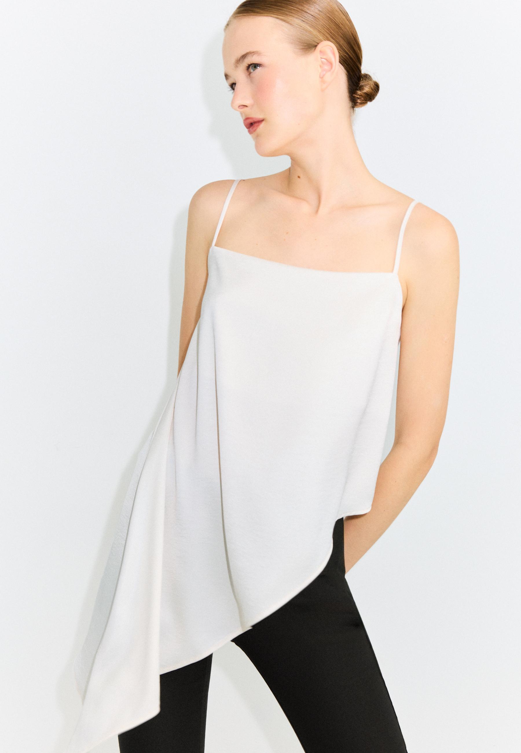 Satin asymmetric hem top — Ecru