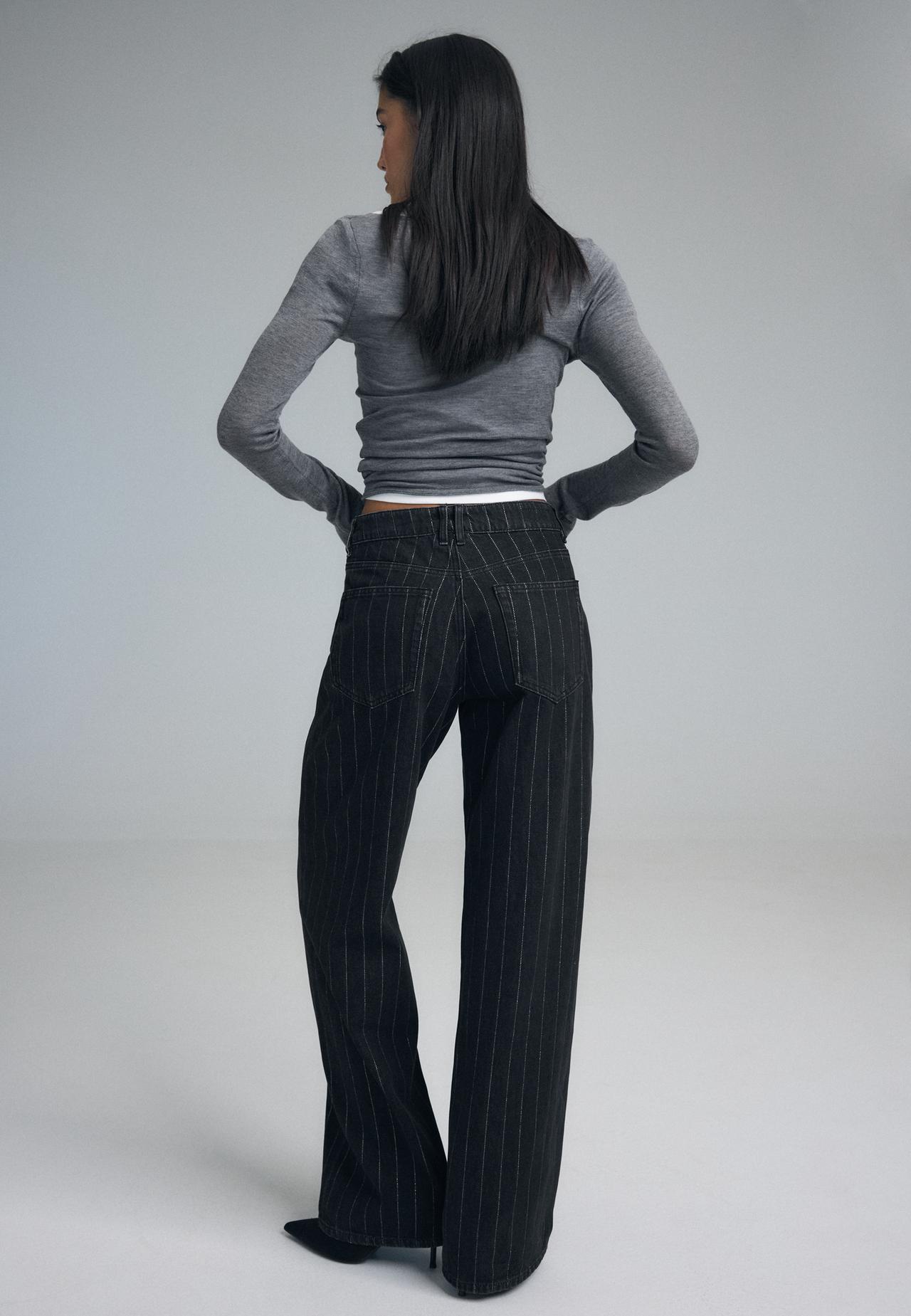 Straight wide-leg jeans with metallic thread stripes — BLACK DENIM WASH