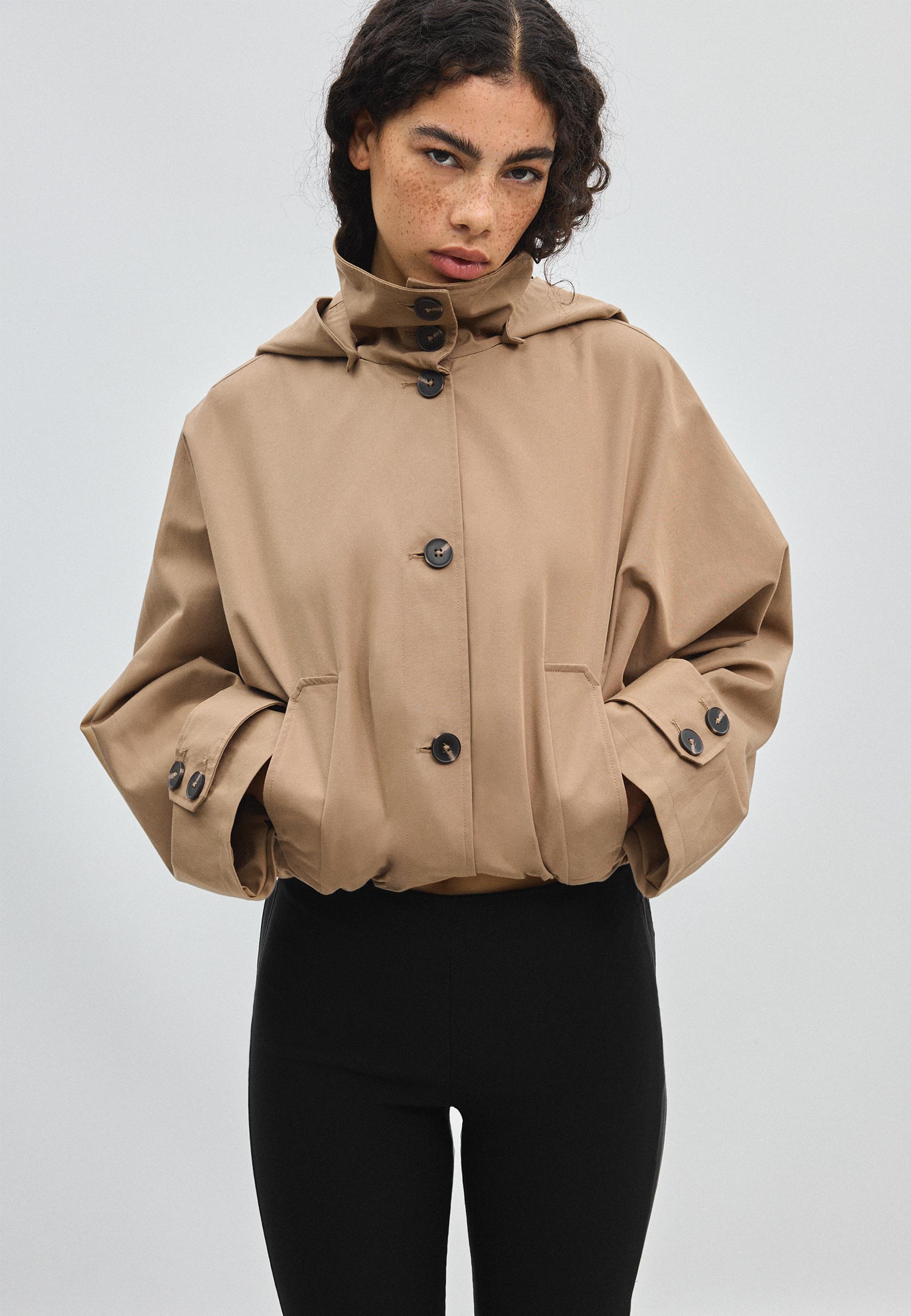 Short hooded oversize trench coat — Beige