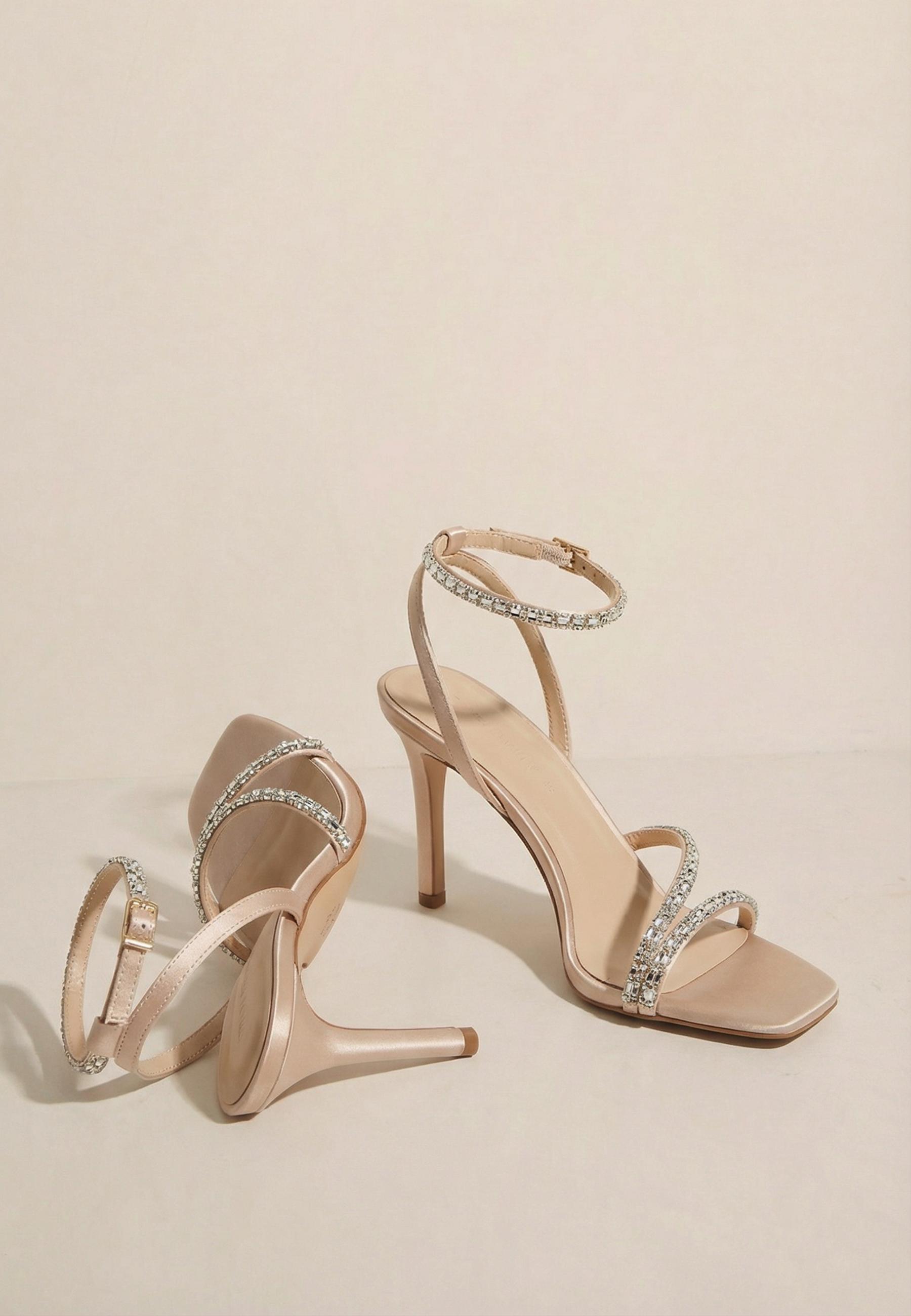 High-heel sandals with rhinestone detail — BEIGE