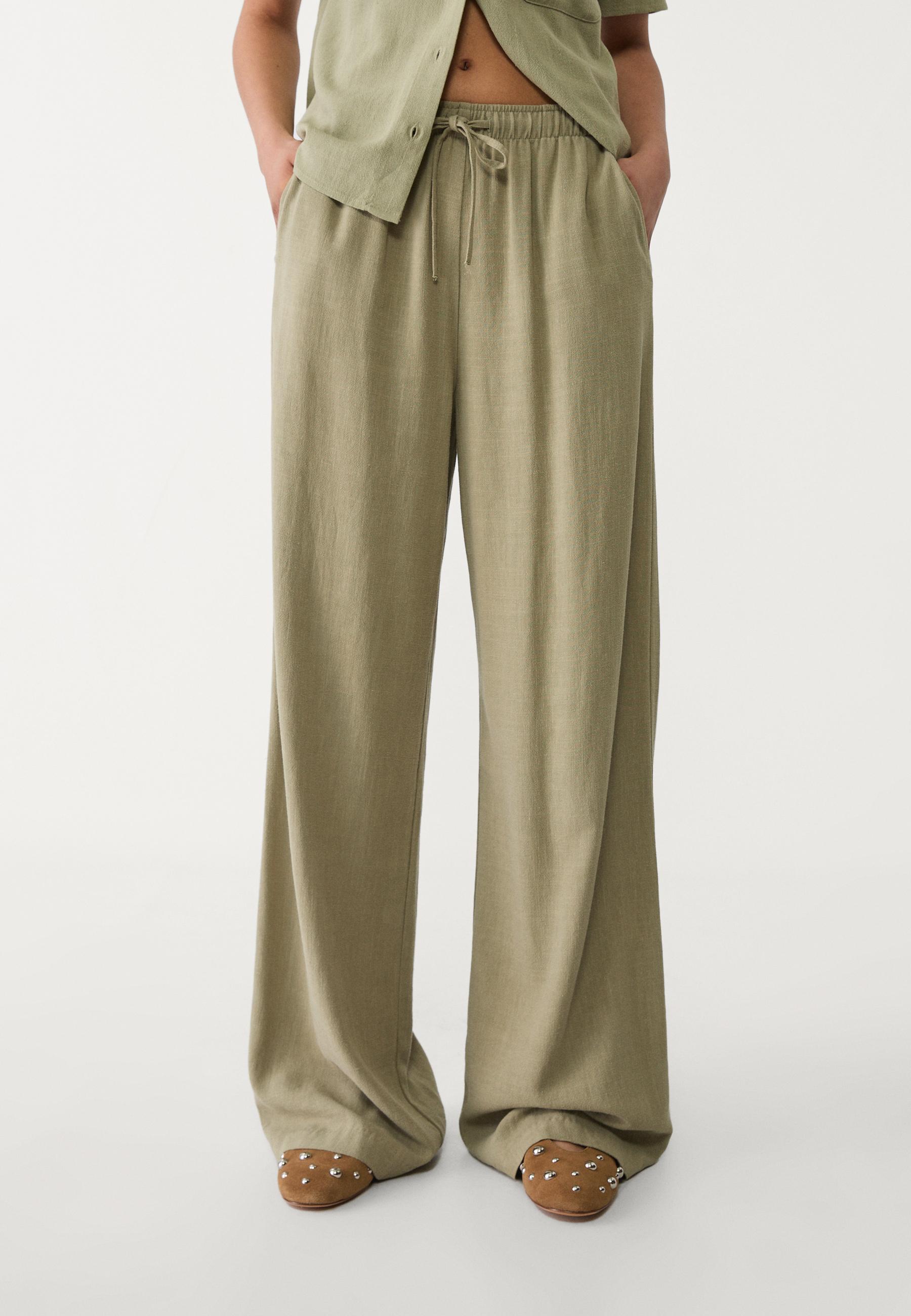 Straight-leg linen-look trousers — Khaki