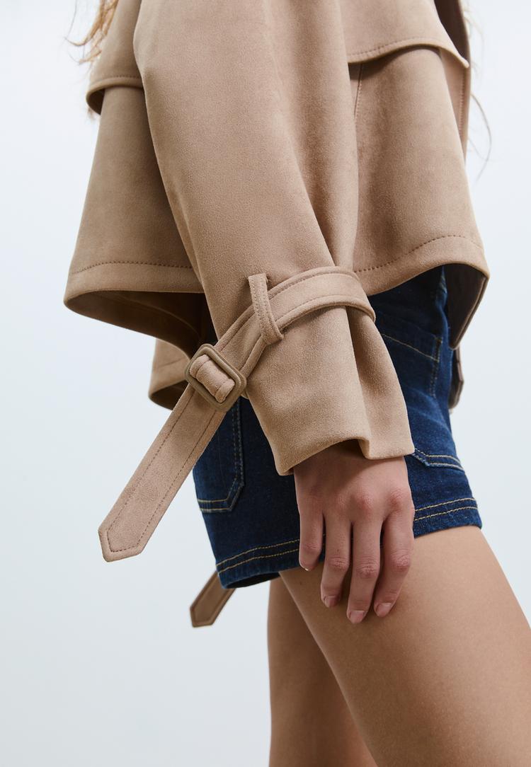 short faux suede trench coat