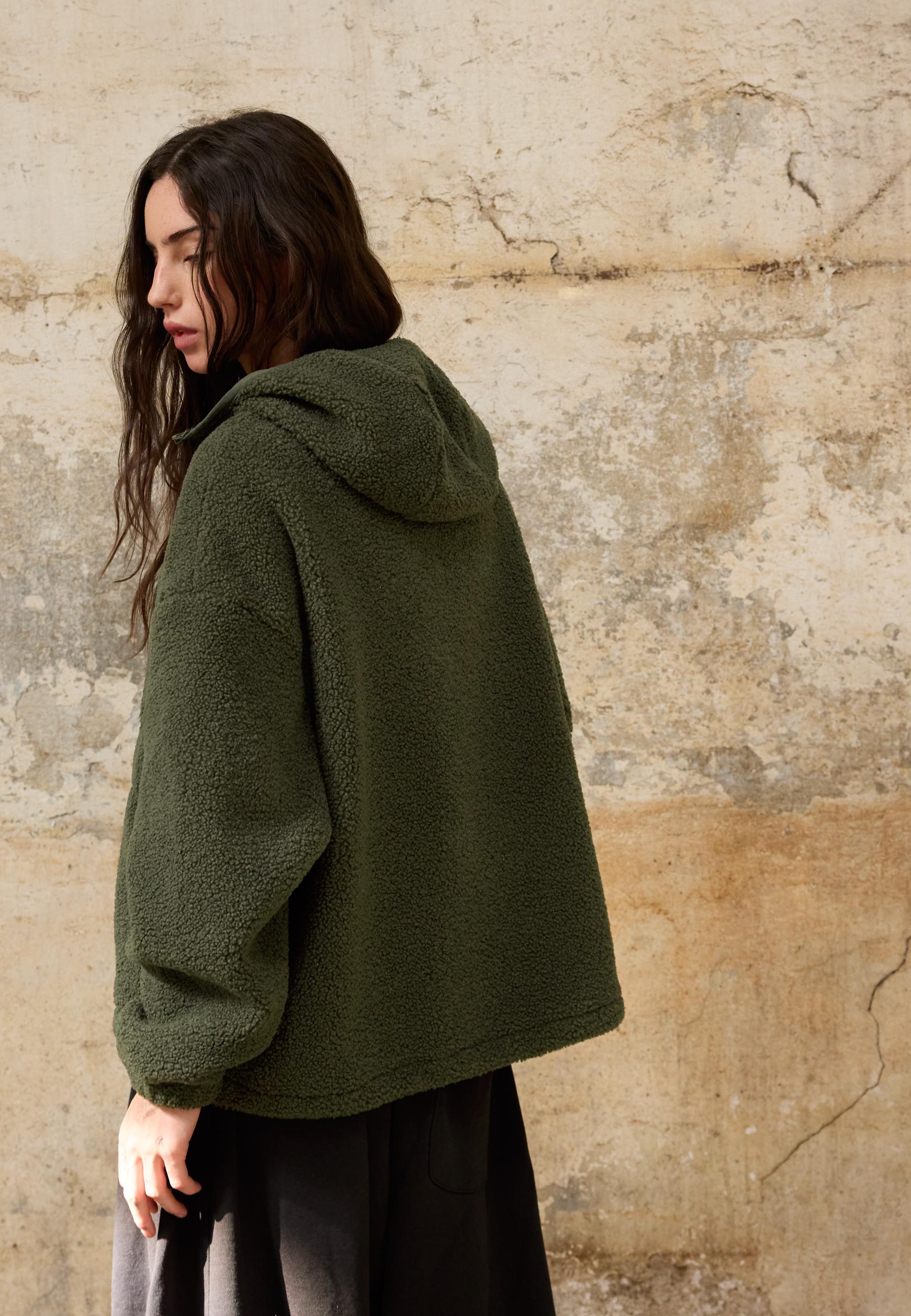 Faux shearling coat with toggles — Khaki