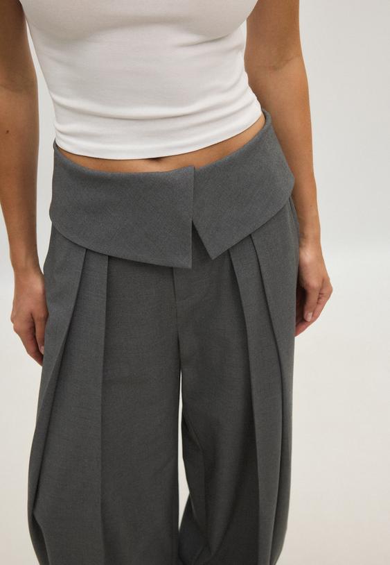 Stradivarius Folded Waistband Wide-Leg Trousers Dark Grey 14