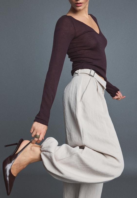 Stradivarius Sarouel Trousers With Buckle Ecru 10