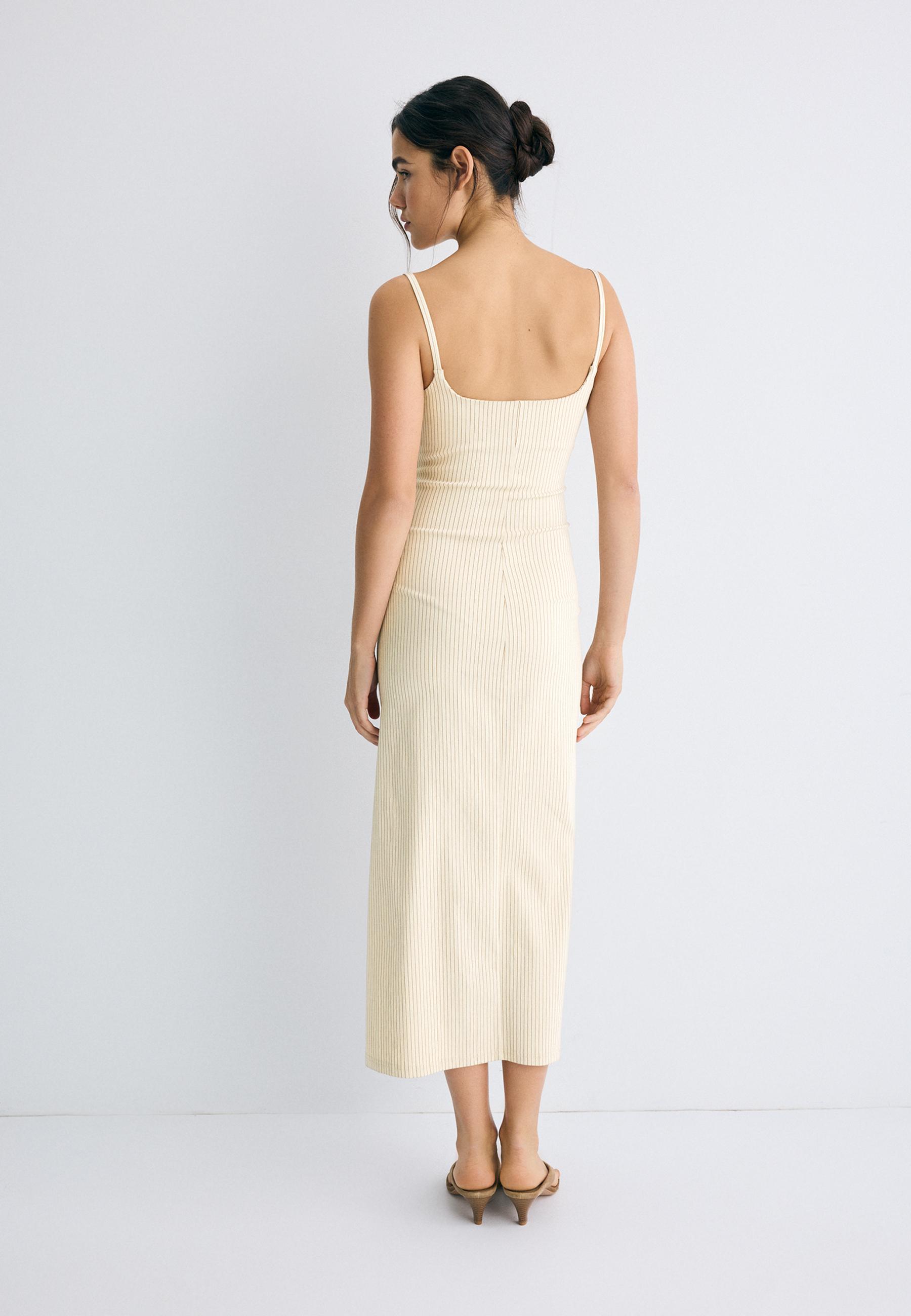 Square neck Bengaline midi dress — Stone