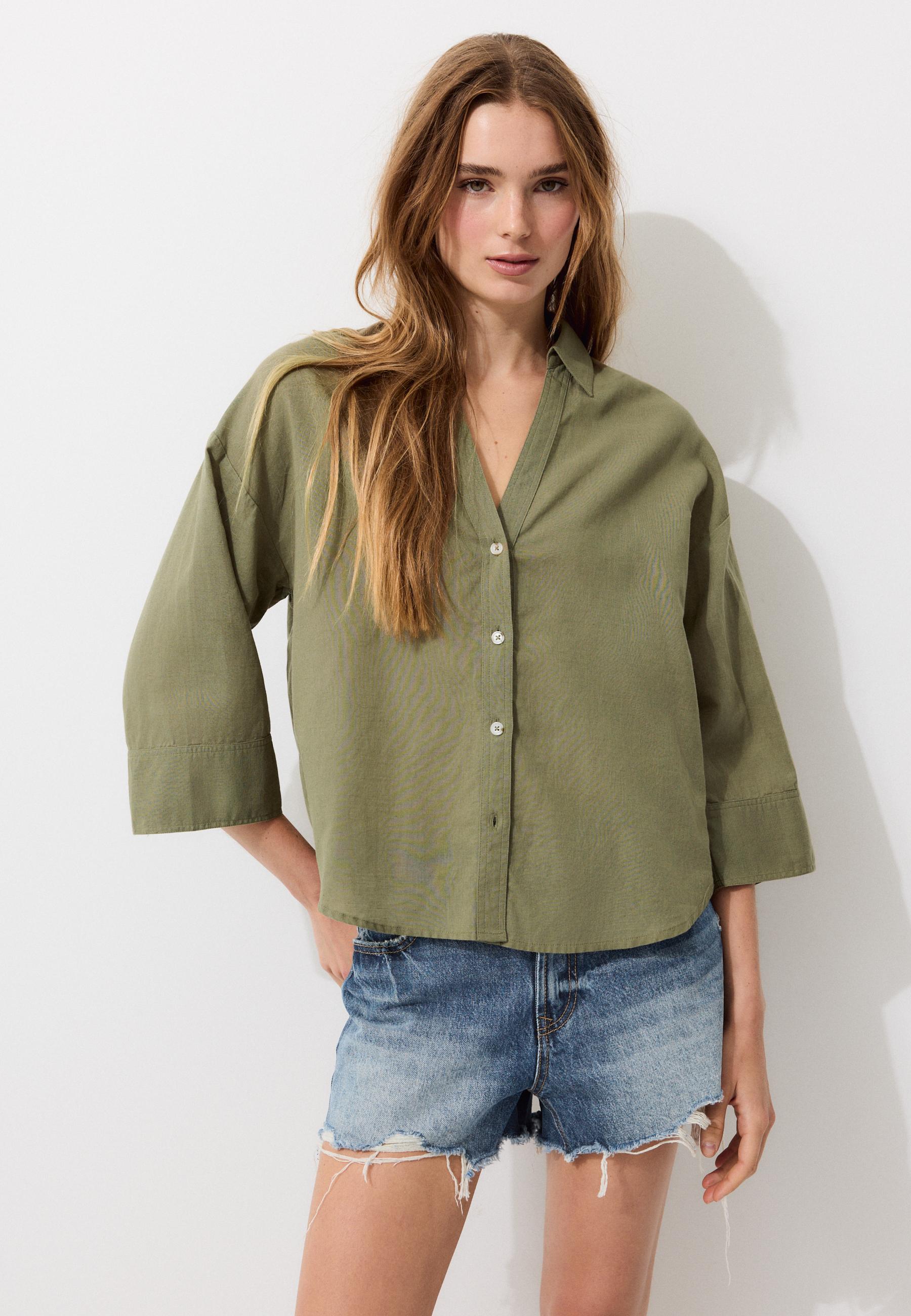 Linen-effect kimono sleeve shirt — Khaki
