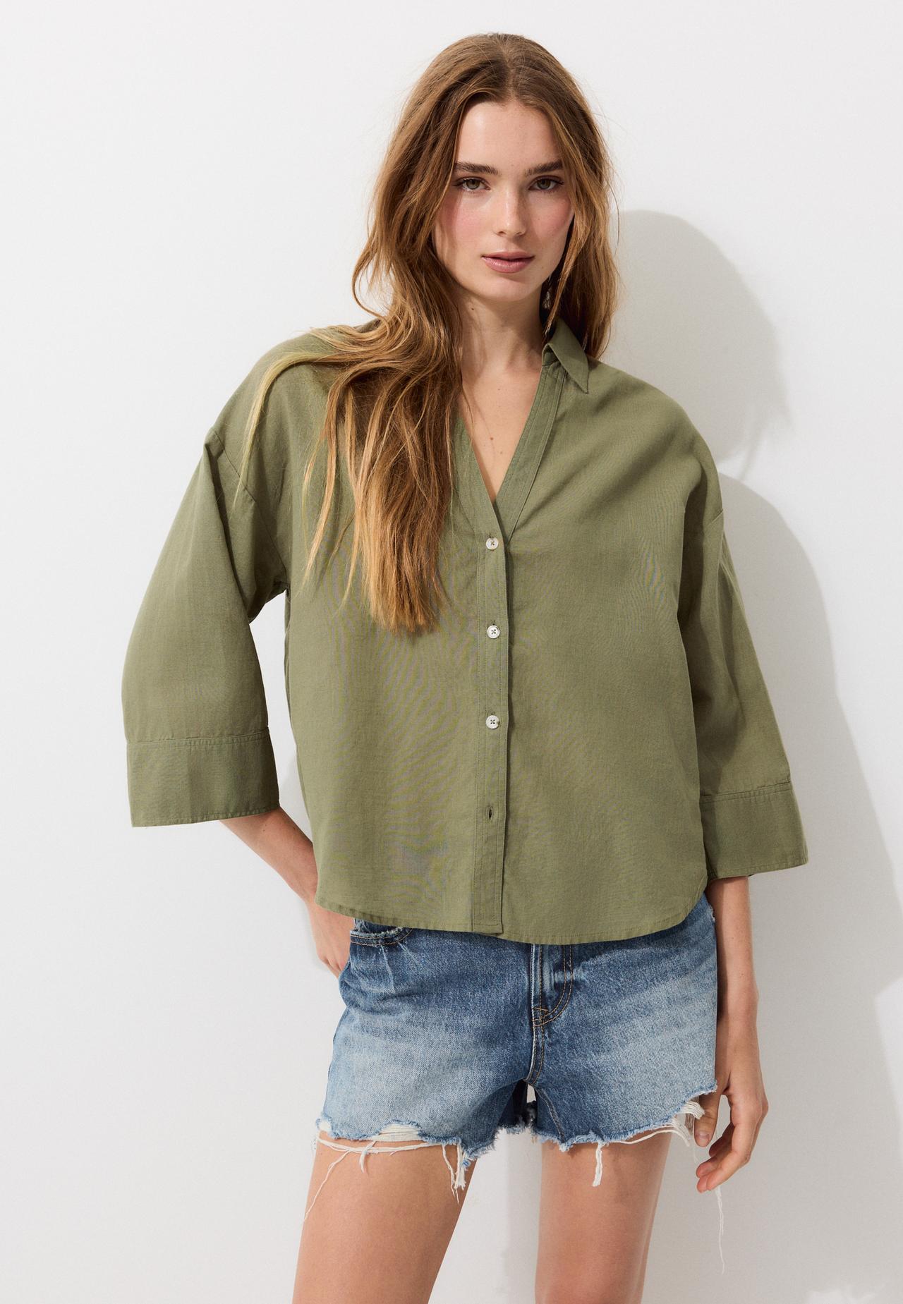 Linen-effect kimono sleeve shirt — Khaki