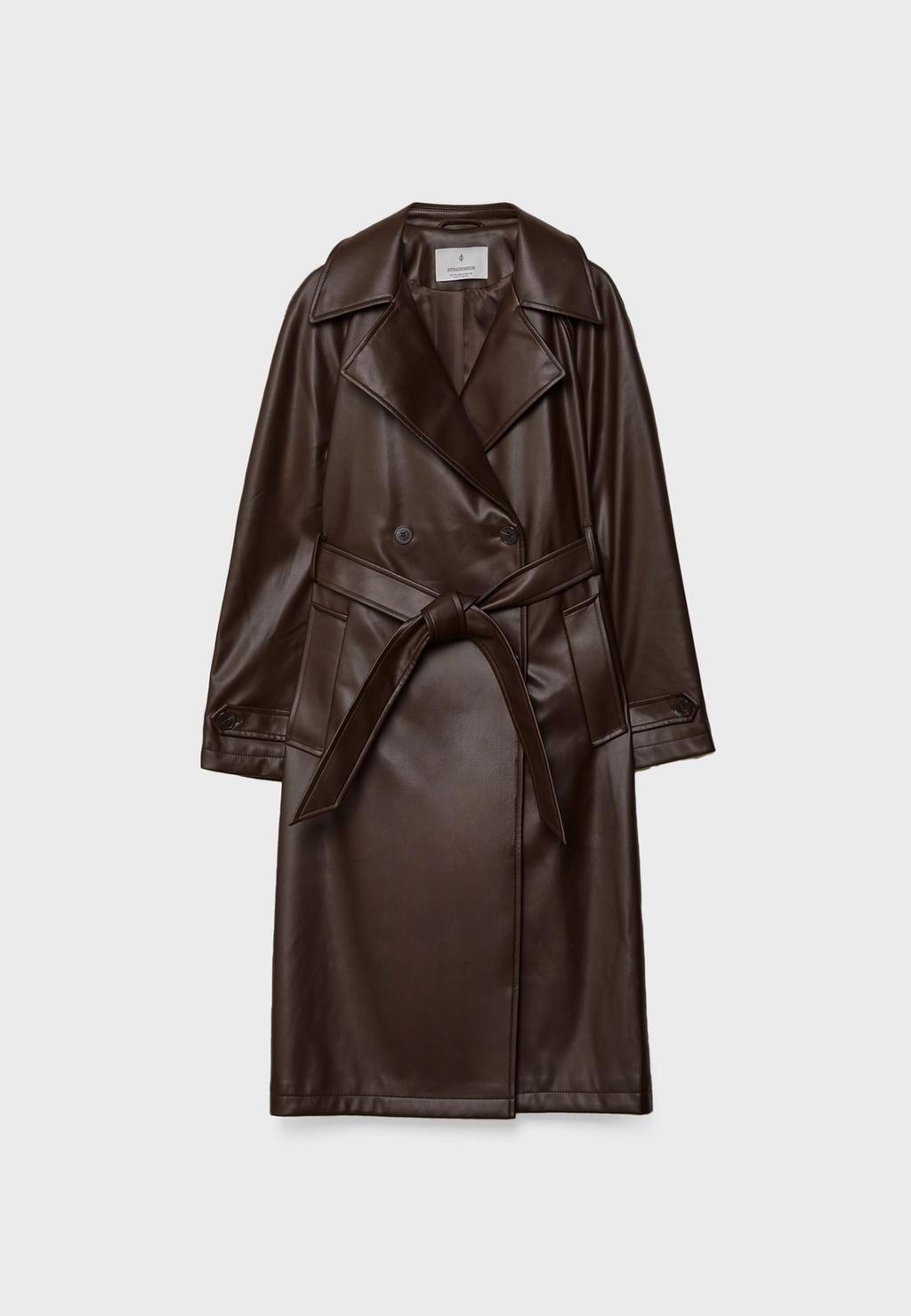 Long faux leather trench coat