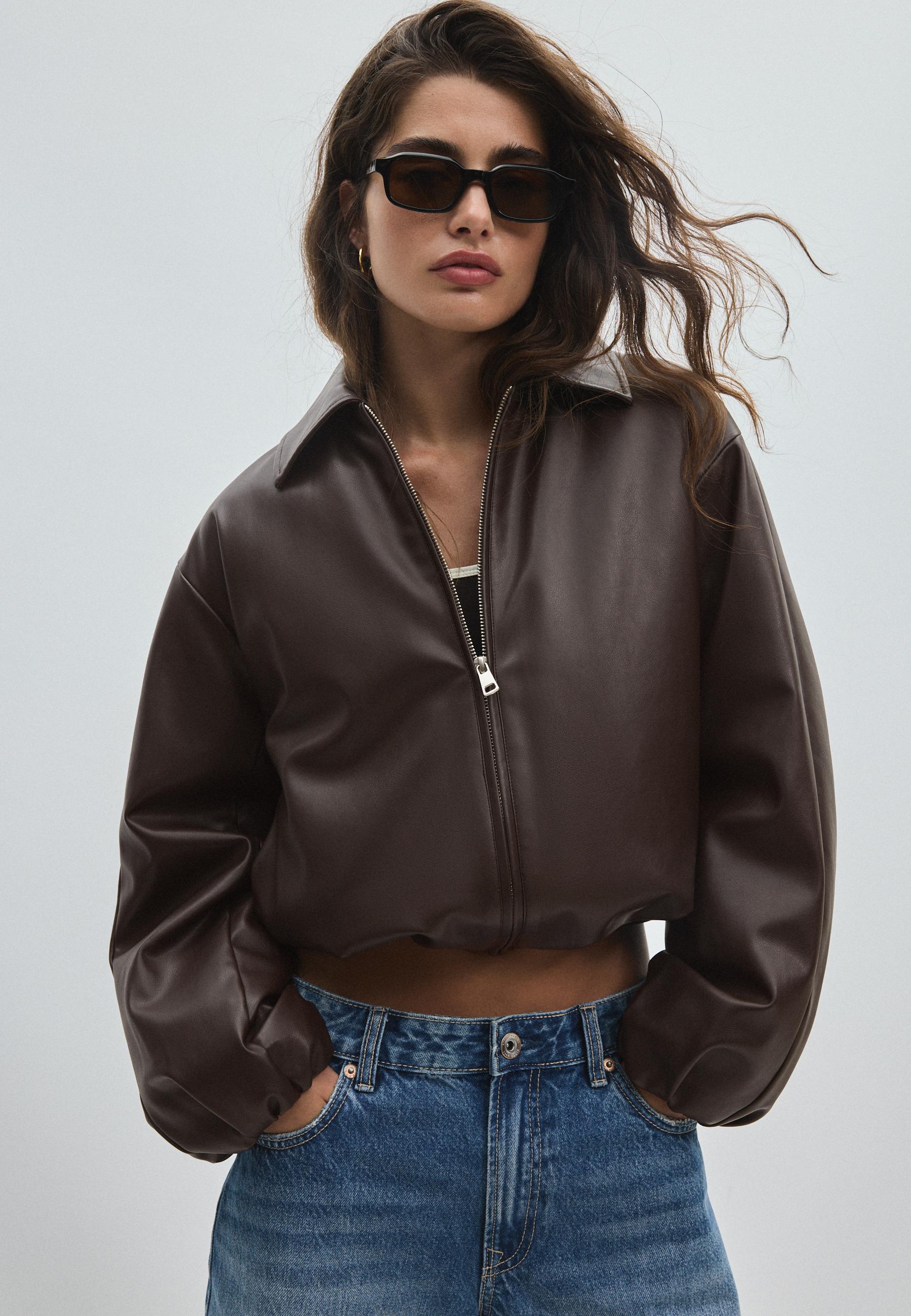 Stradivarius Καπιτονέ Bomber Τζάκετ Όψης Δέρματος Καφέ S