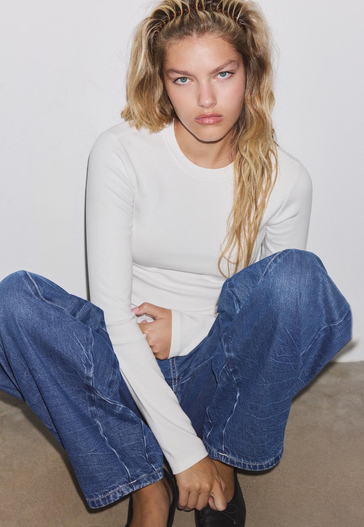 Long sleeve round neck T-shirt — Ecru