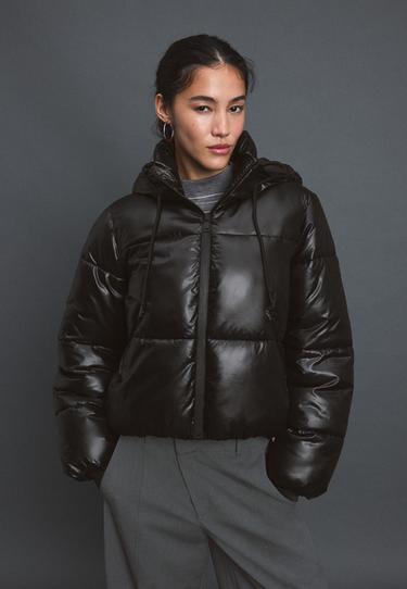 Metallic hooded puffer jacket — Black 1