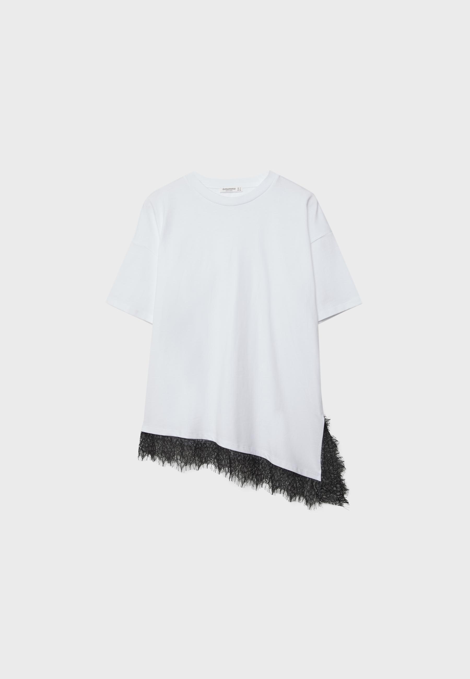 Short sleeve T-shirt with lace hem — White