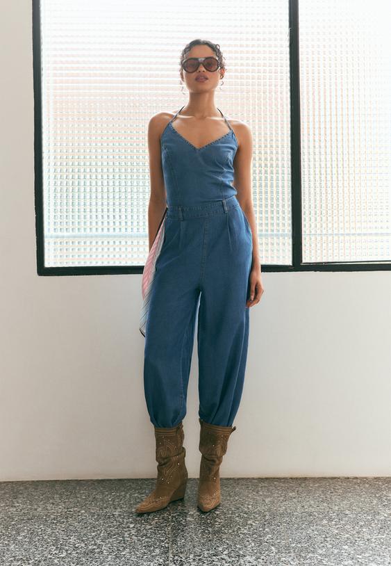 halter fular denim tulum