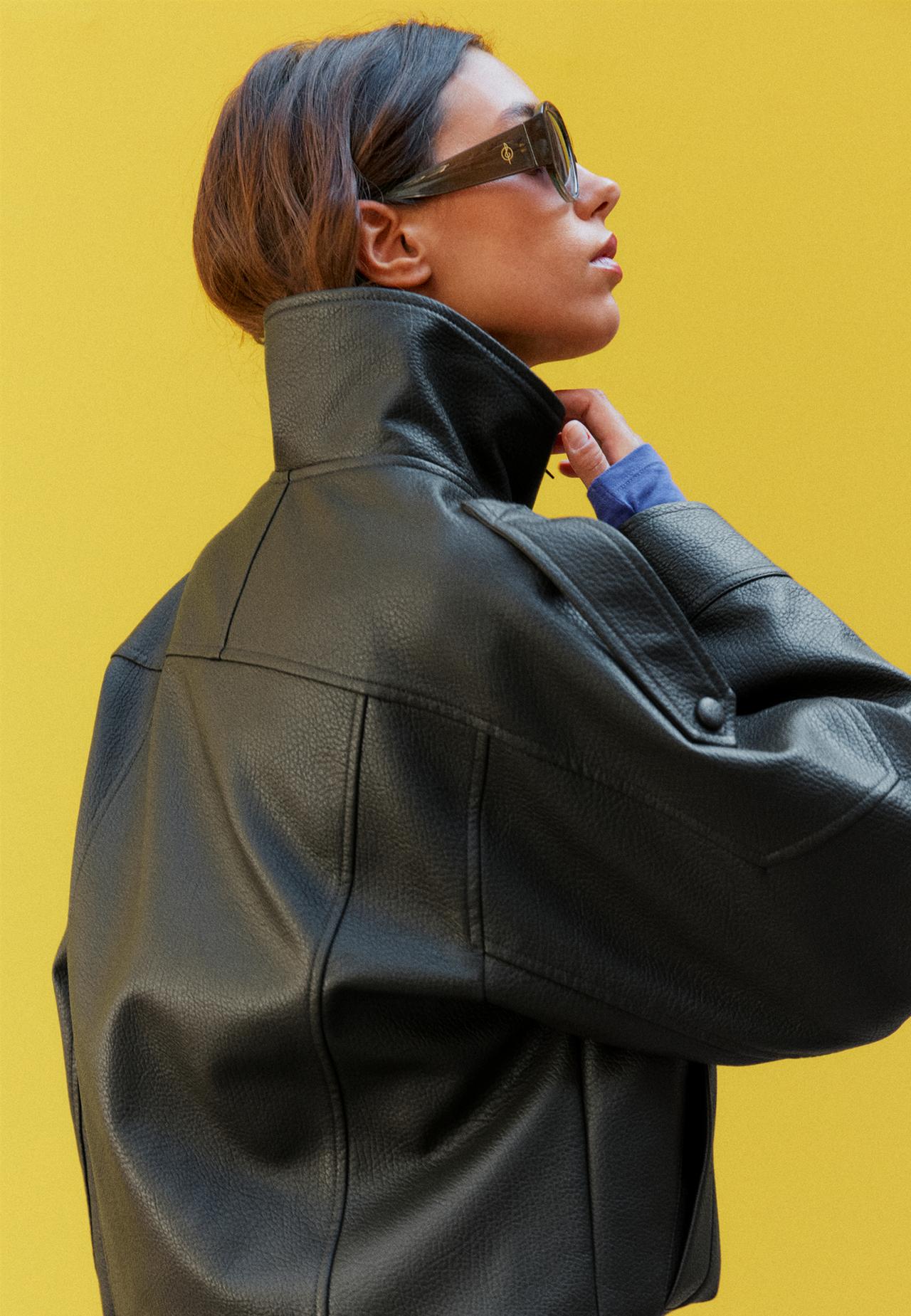 Oversize leather effect biker jacket — Khaki