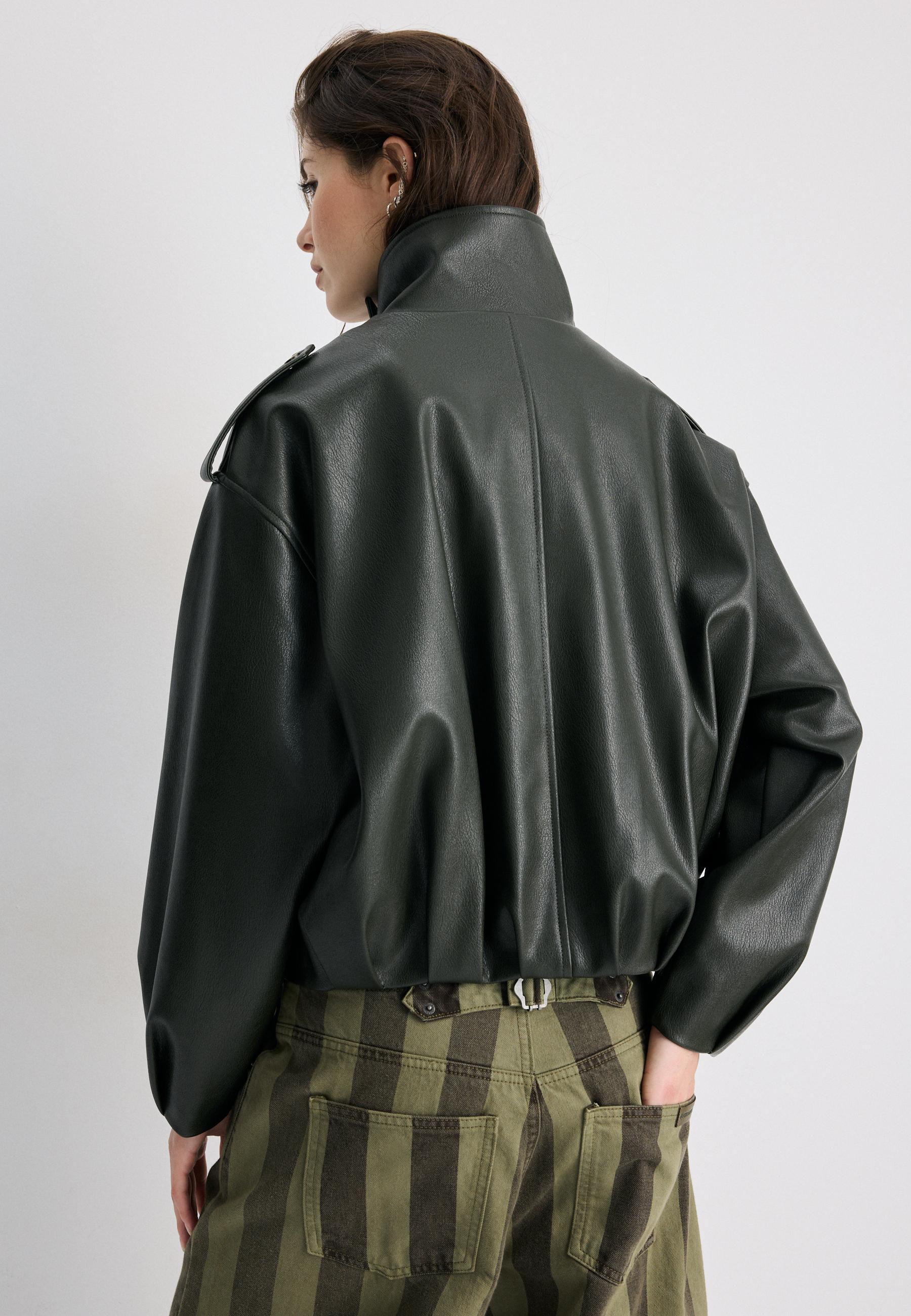Leather effect balloon sleeve biker jacket — Green