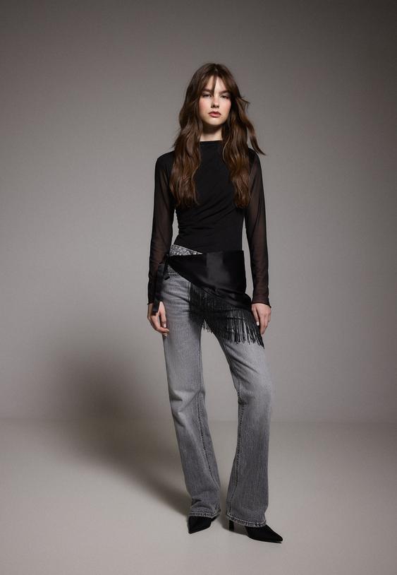 Stradivarius Ruched Tulle Bodysuit Black S