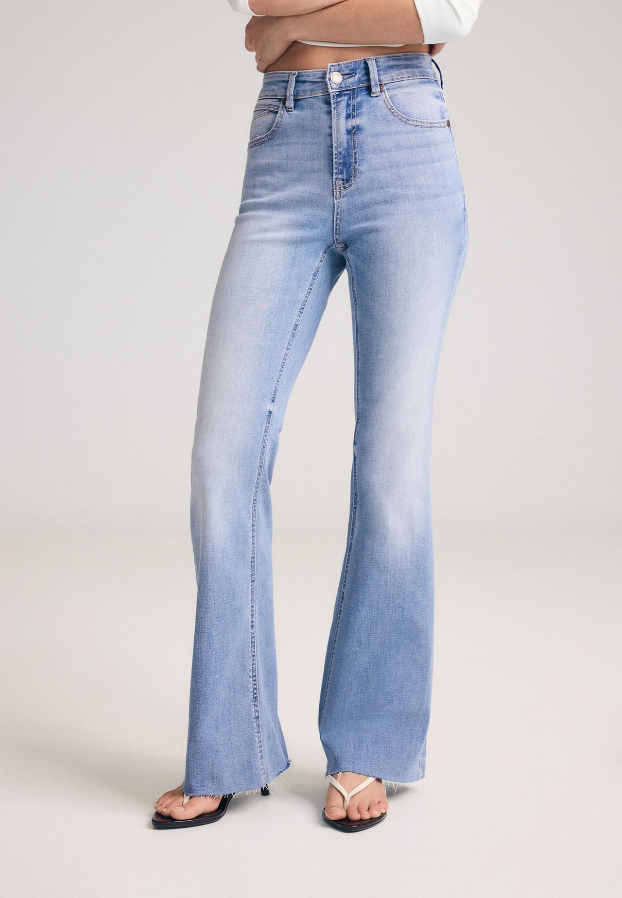 D74 stretch bell bottom jeans with slit — MEDIUM LIGHT BLUE DENIM