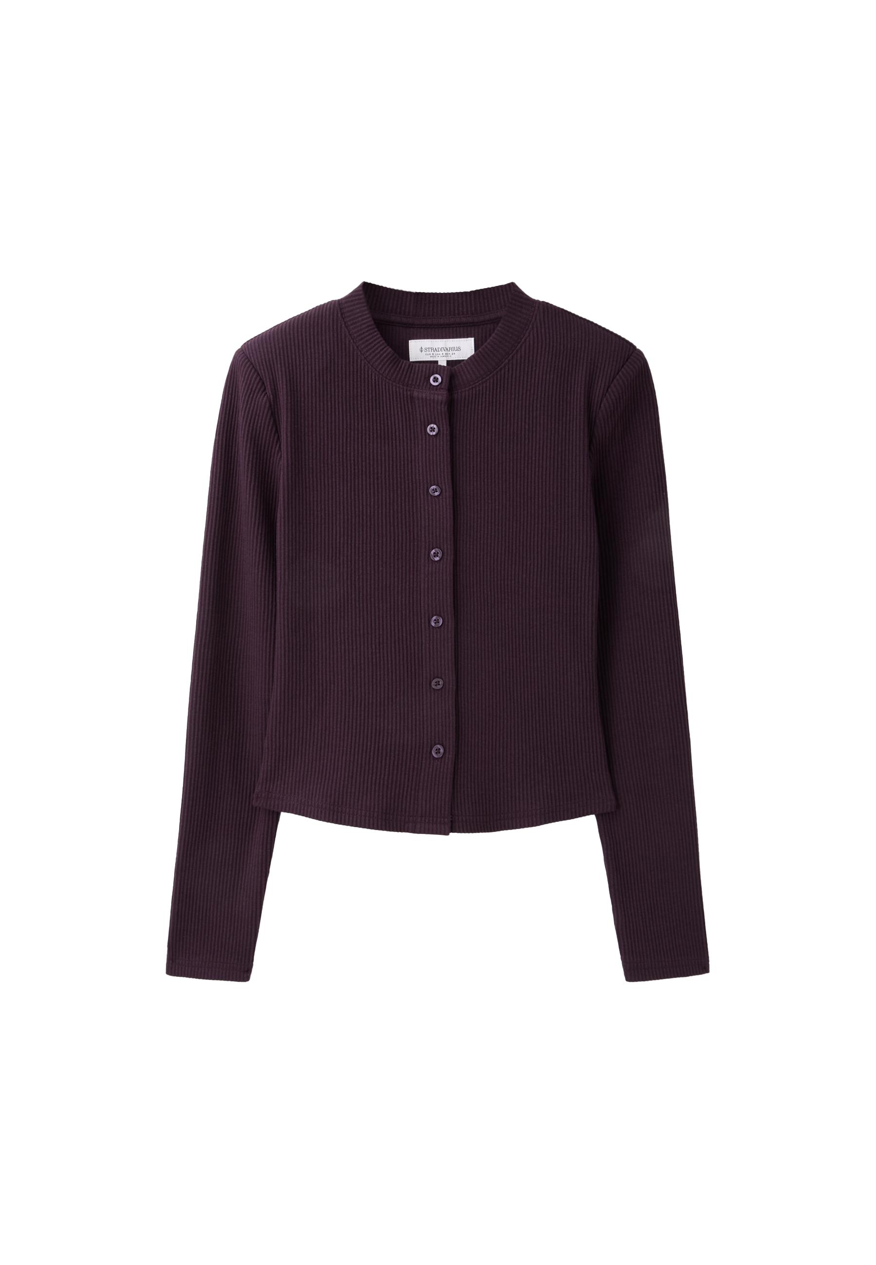Knit cardigan with shoulder pads — AUBERGINE