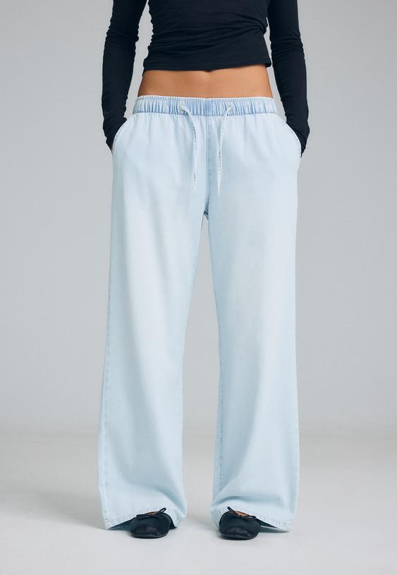 bagcıklı dokumlu denim pantolon