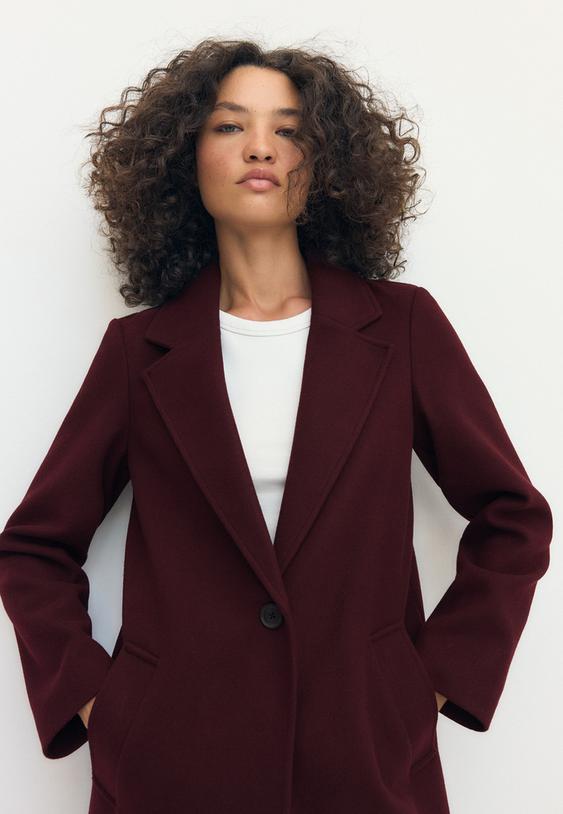 Stradivarius Soft-Touch Button-Up Midi Coat Burgundy Xl