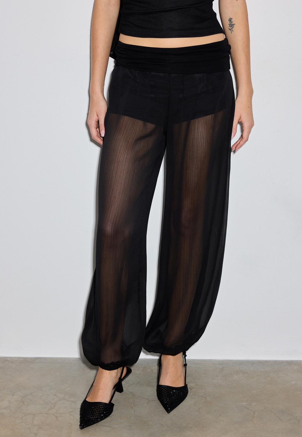 Földgömb sifon nadrág visszahajtott derékkal