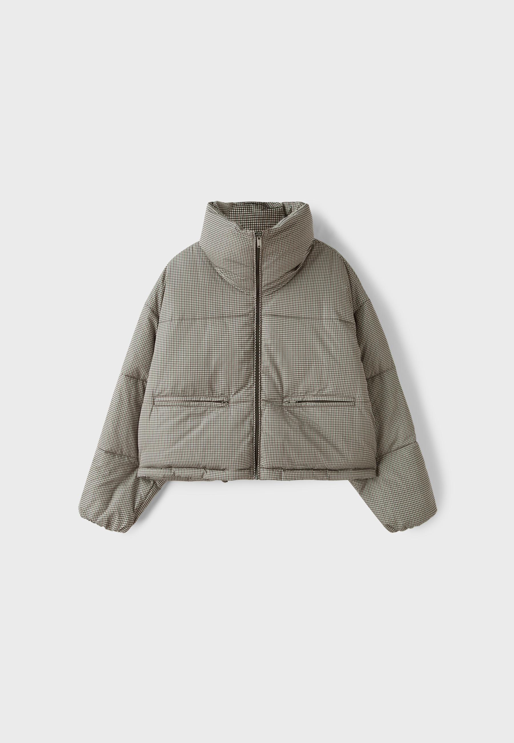 Check high-neck cropped padded jacket — Beige