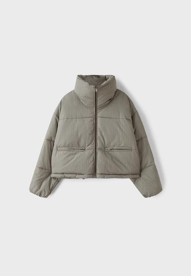 Checked high neck cropped puffer jacket — Beige 6