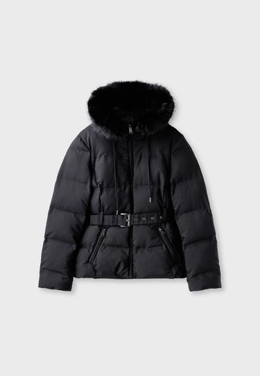 Belted hooded padded jacket — Black 7
