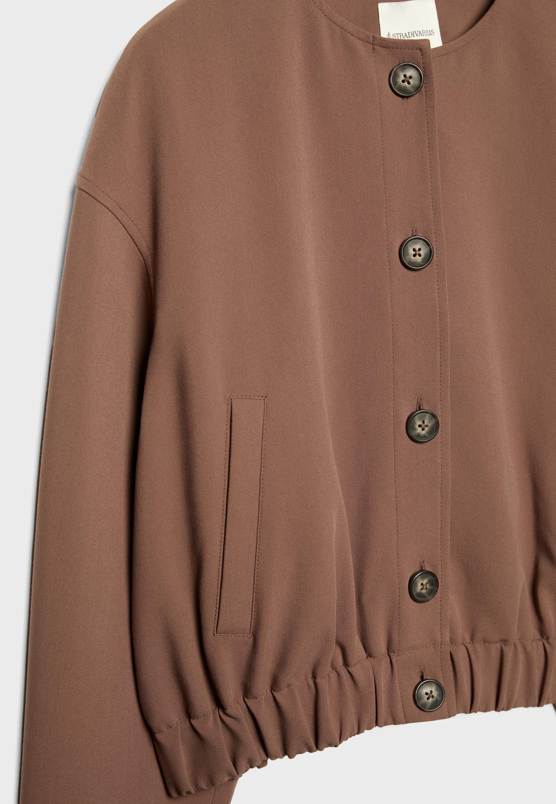 Puff sleeve round neck jacket — Brown