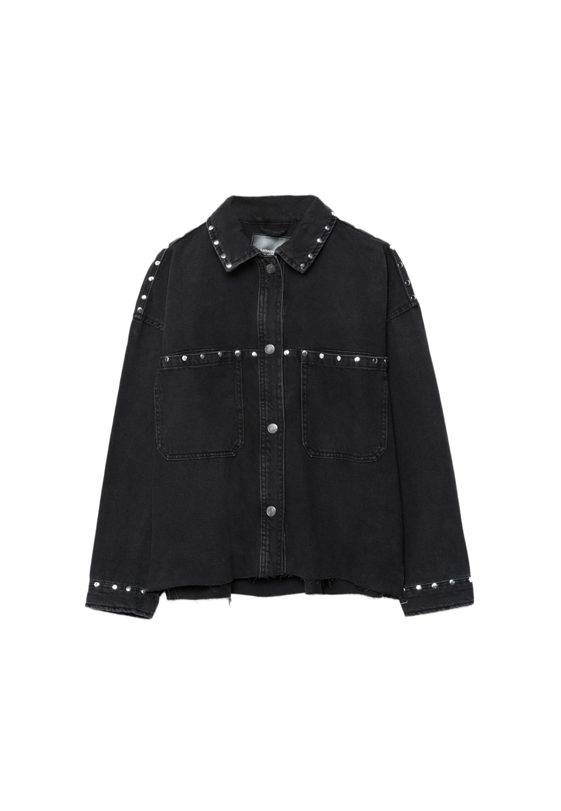 Cropped studded denim overshirt — BLACK DENIM WASH