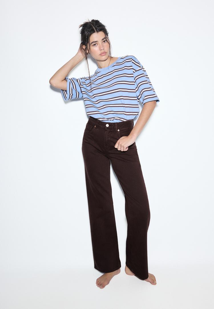 Stradivarius D92 Τζιν Παντελόνι Straight Wide Καφέ 44