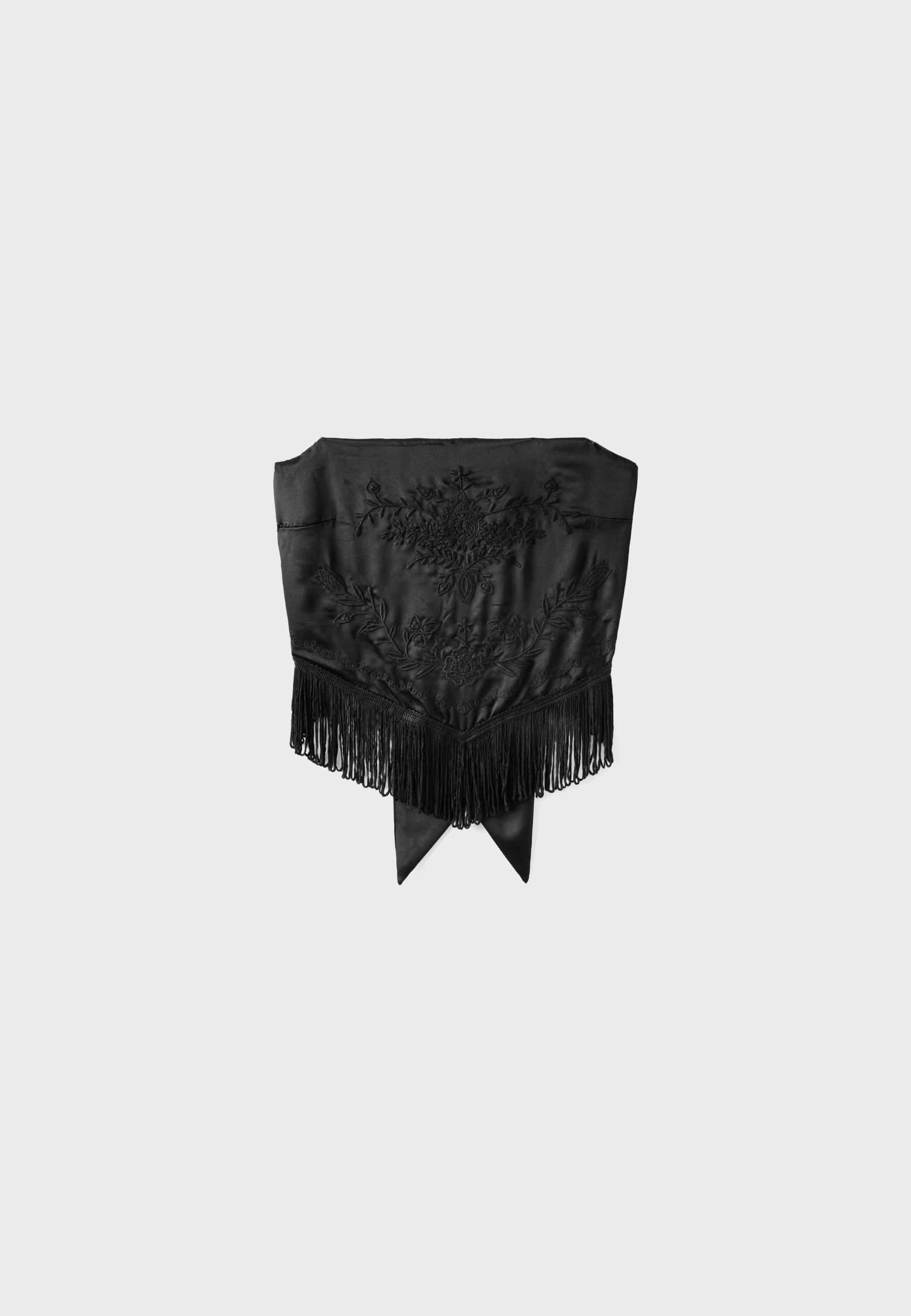 Embroidered fringe bustier top — Black