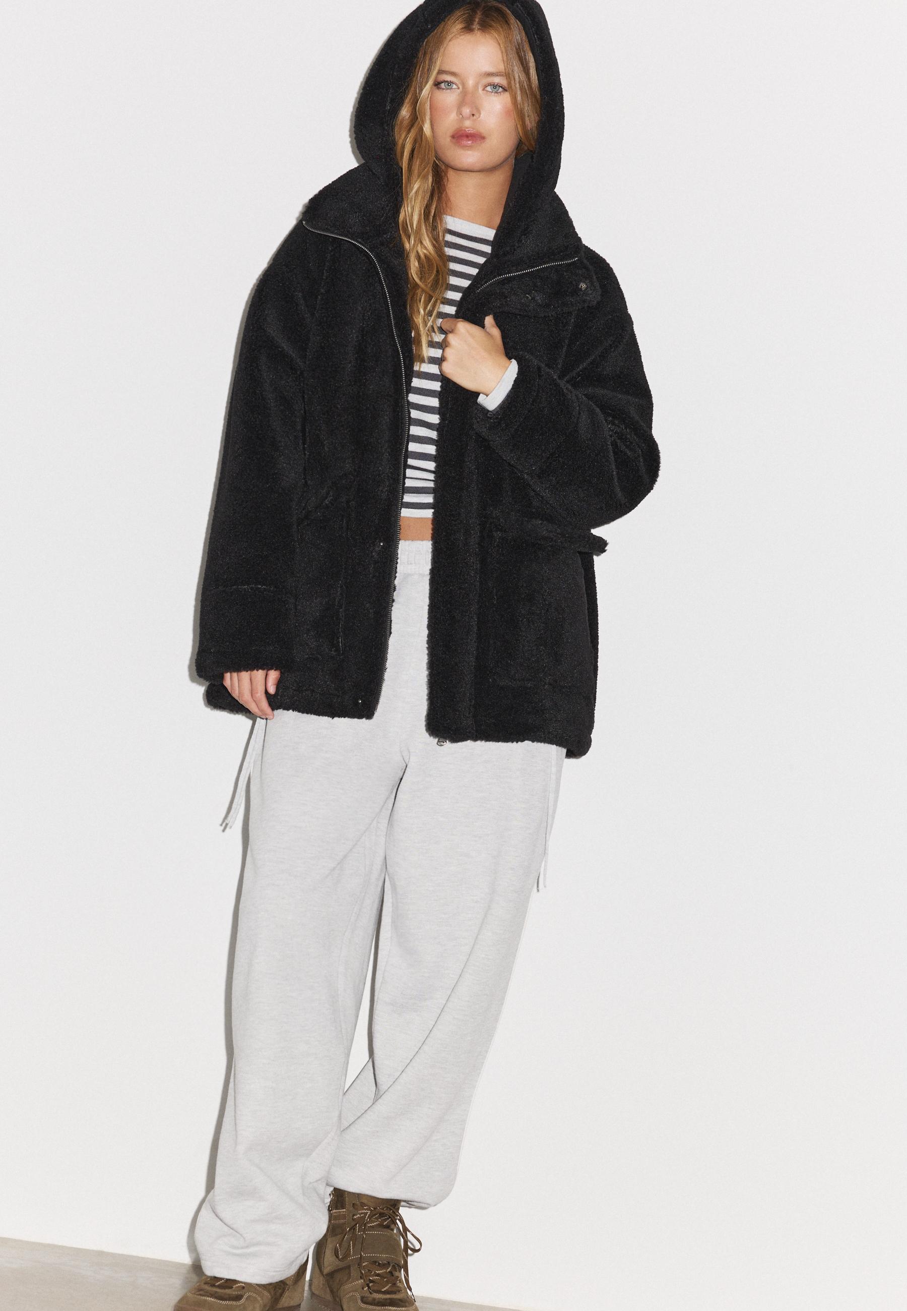 Faux sheepskin-effect hooded coat — Dark grey
