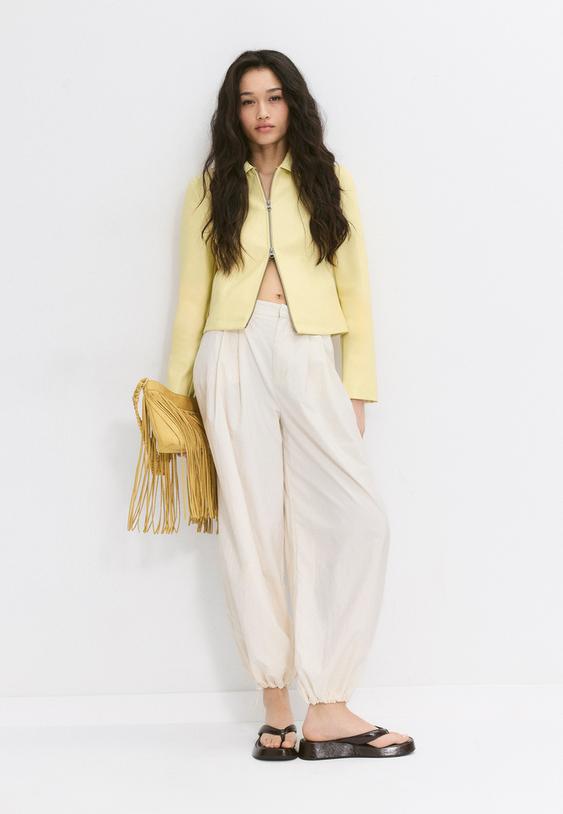 Stradivarius Fitted Leather Effect Jacket Pastel Yellow M