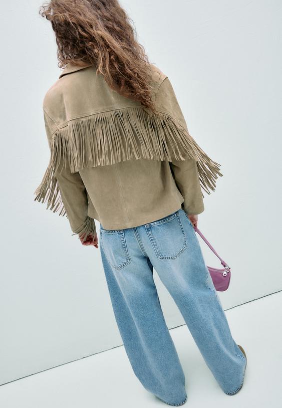 Stradivarius Fringed 100% Leather Jacket Stone M