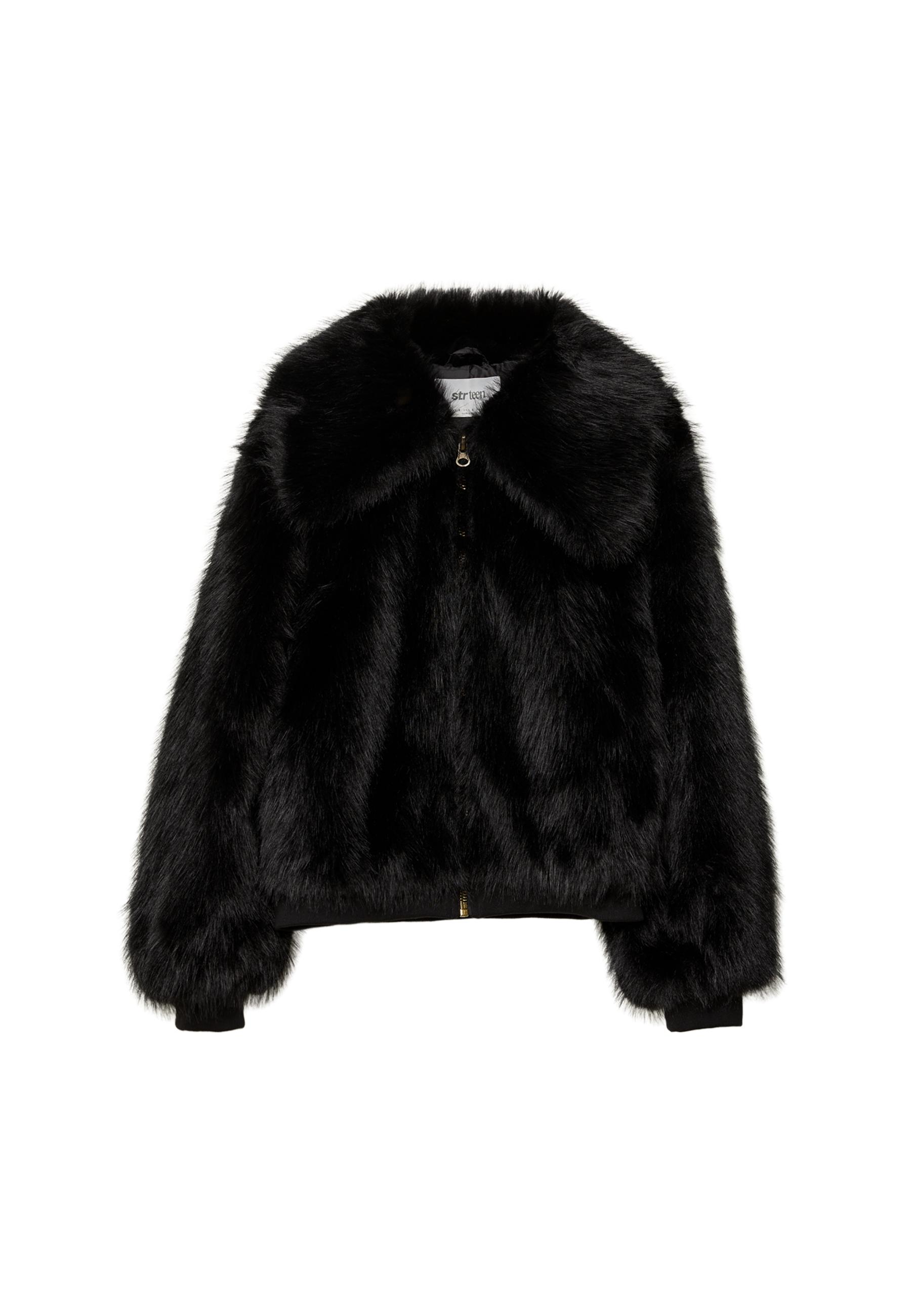 Stradivarius 黒 フェイクファー ジャケット M Faux fur jacket with zip - Women's fashion | Stradivarius
