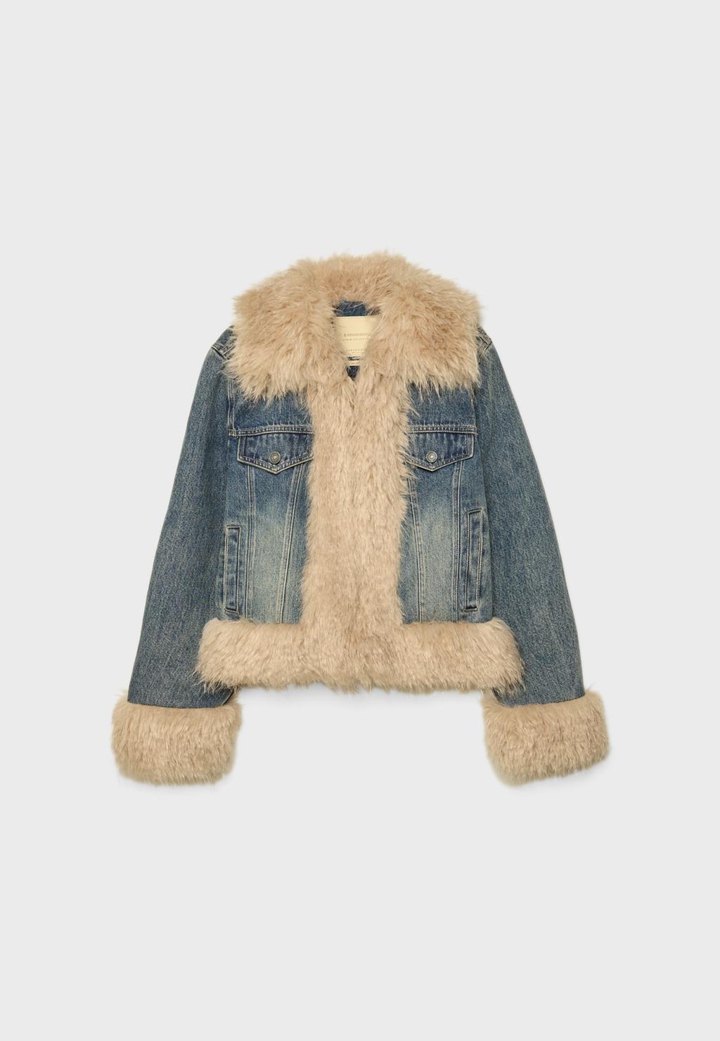 Blouson matelassé en jean avec fausse fourrure