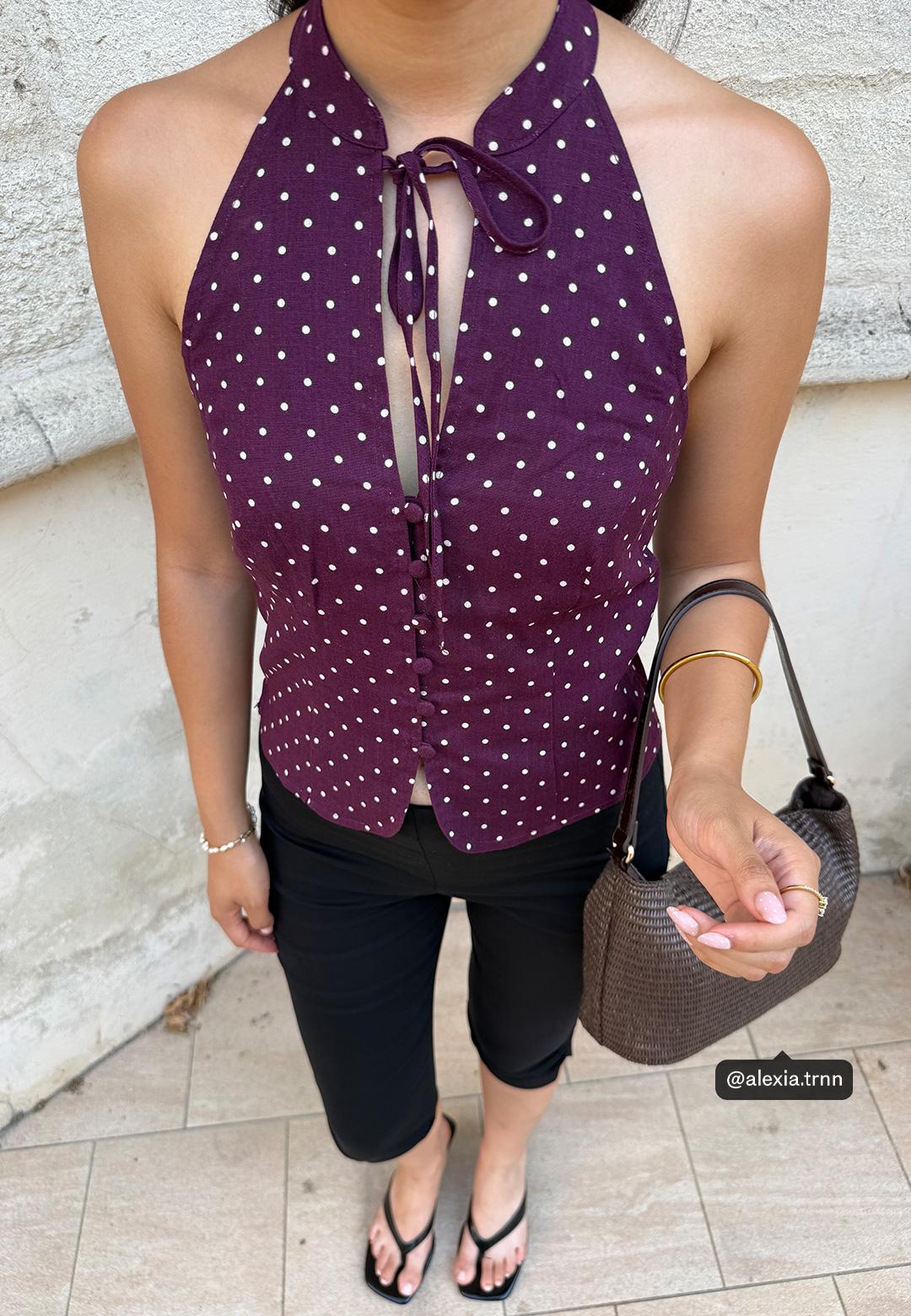 Polka dot print fitted halter top — Purple