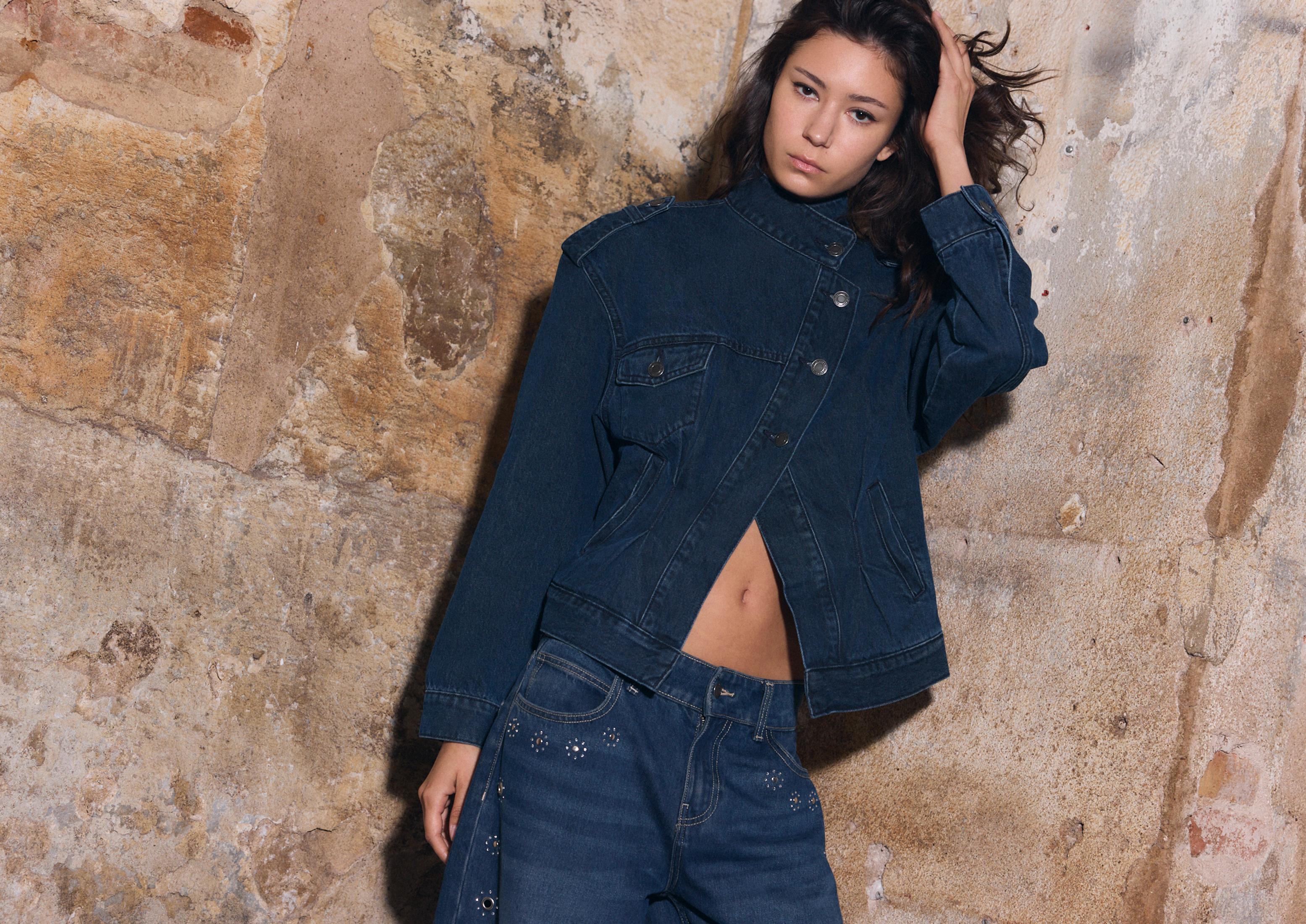 Cross-over denim jacket — BLACK DENIM WASHED EFFECT