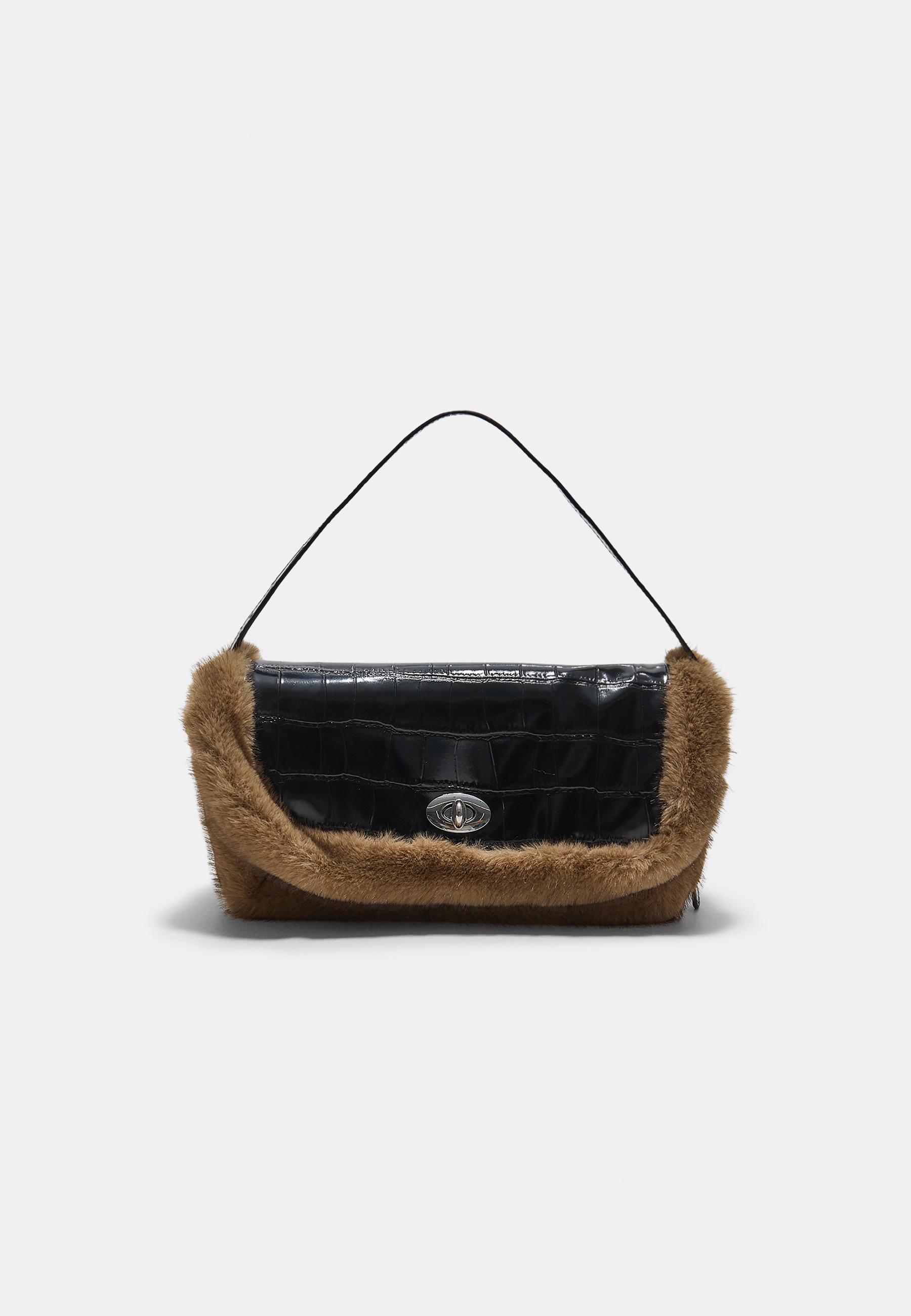 Stradivarius Τσάντα Ώμου Συνδυασμένη Κροκό Συνθετική Γούνα Μαύρο Os