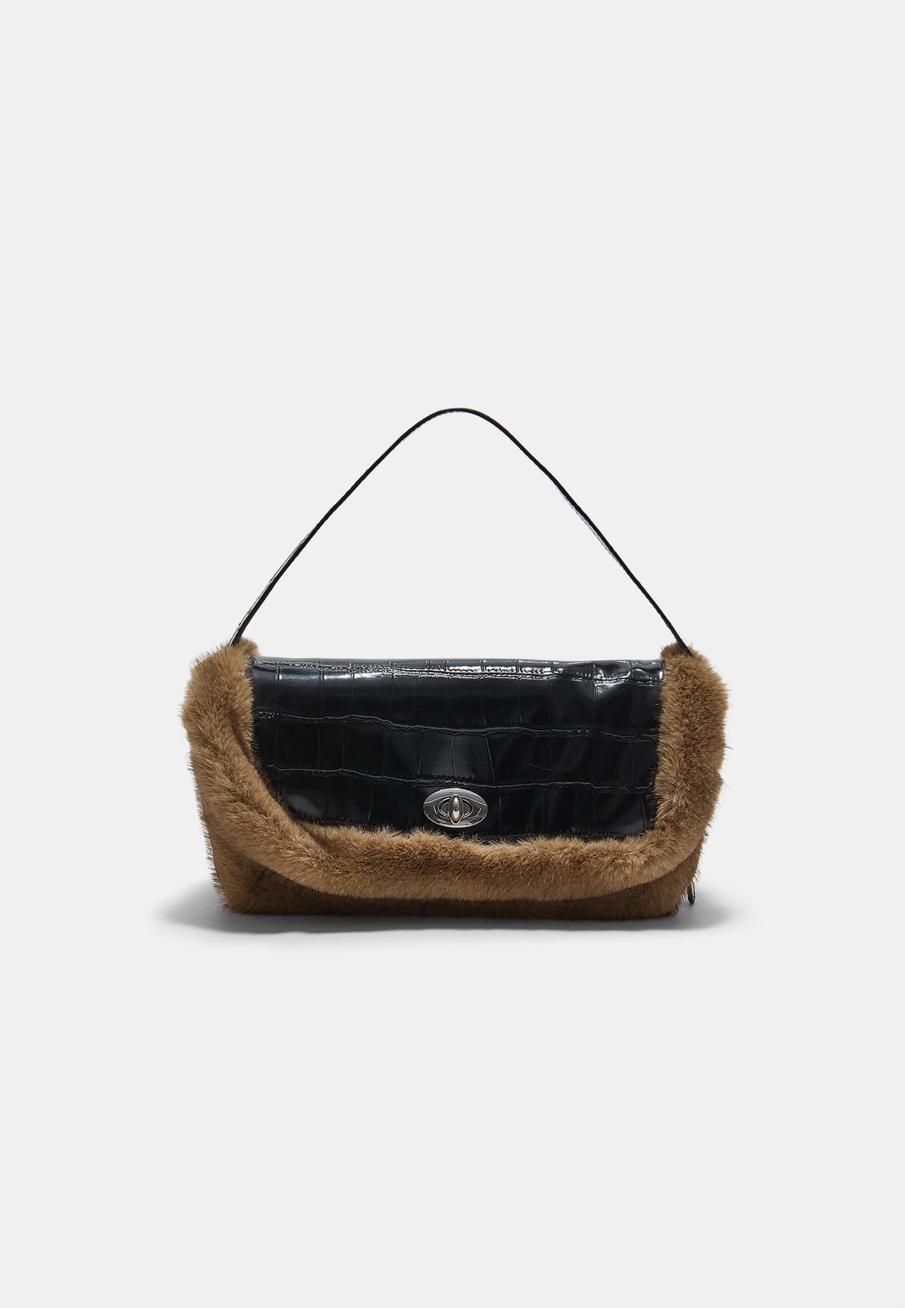 Combined mock croc and faux fur shoulder bag — Black