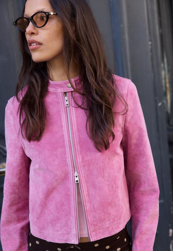 Stradivarius 100% Leather Biker Jacket Bubblegum Pink S