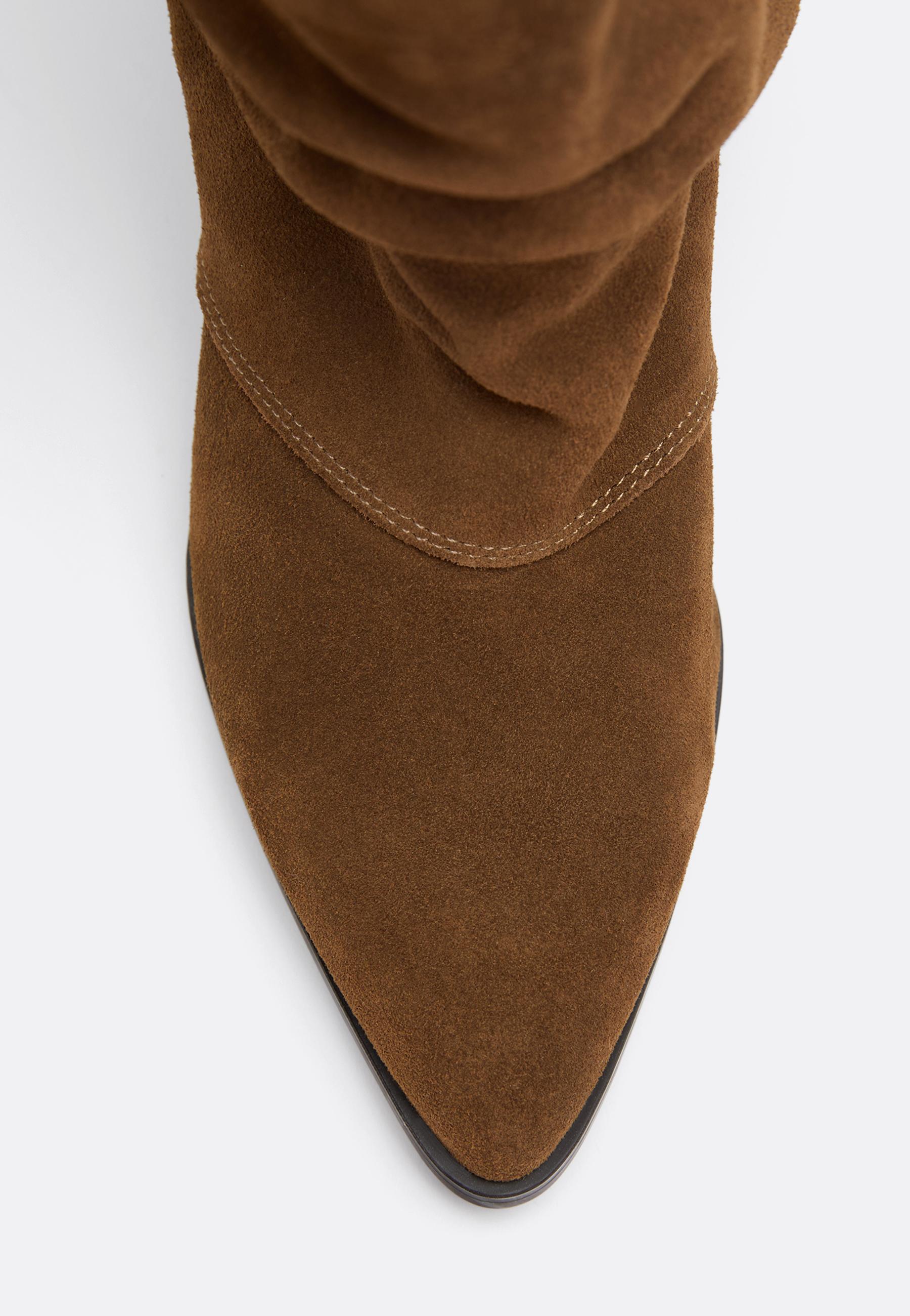 Leather slouchy cow-style mid-heel joots — TAN