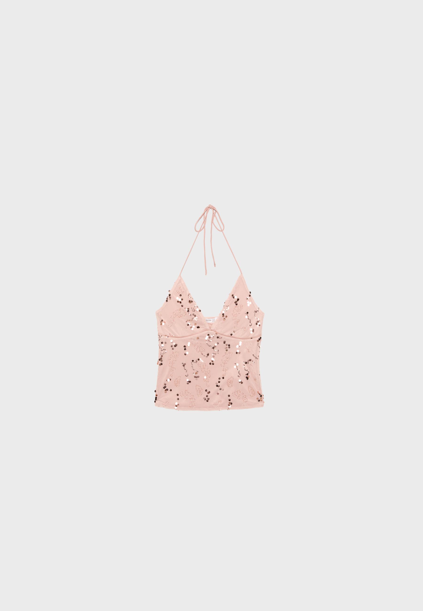 Embroidered sequin halter top — Salmon pink