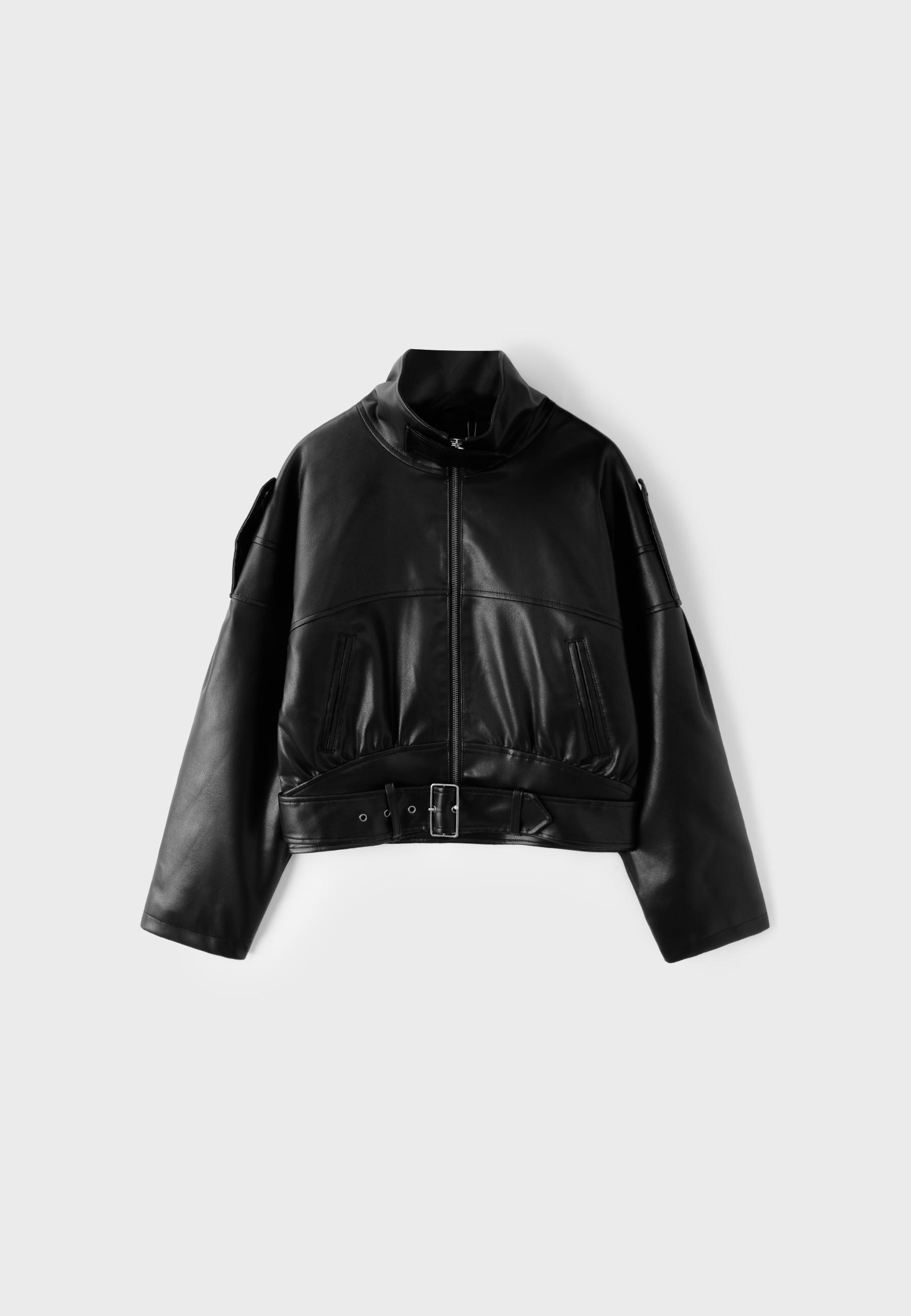 Leather effect belted cropped jacket — Black