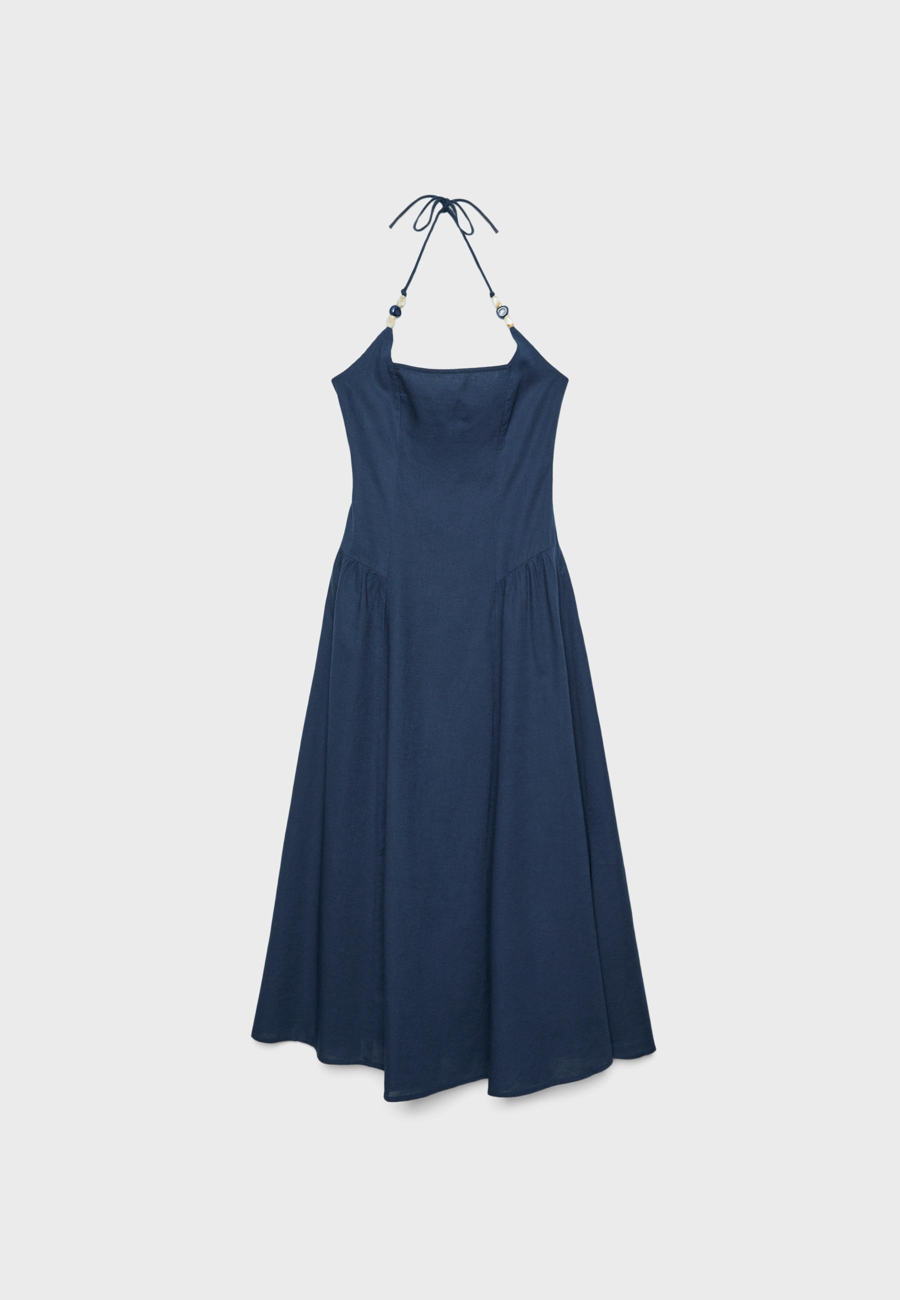 Halter yaka boncuk detaylı midi elbise