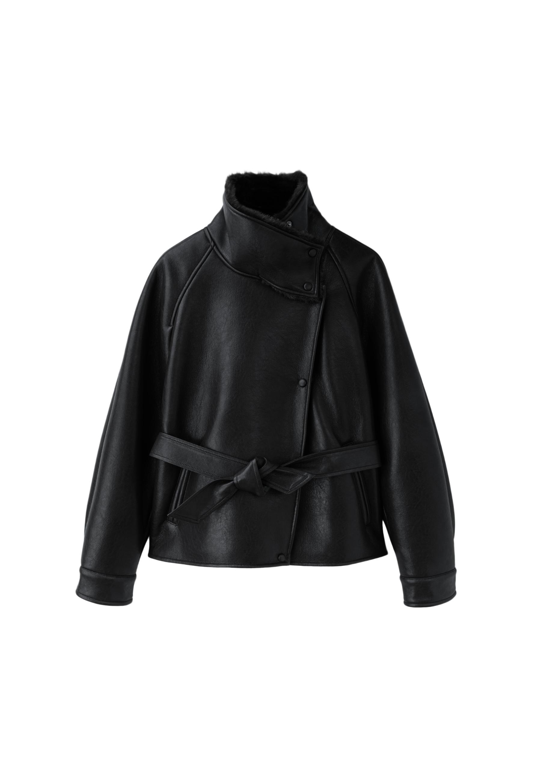 Leather effect double-faced high neck jacket — Black